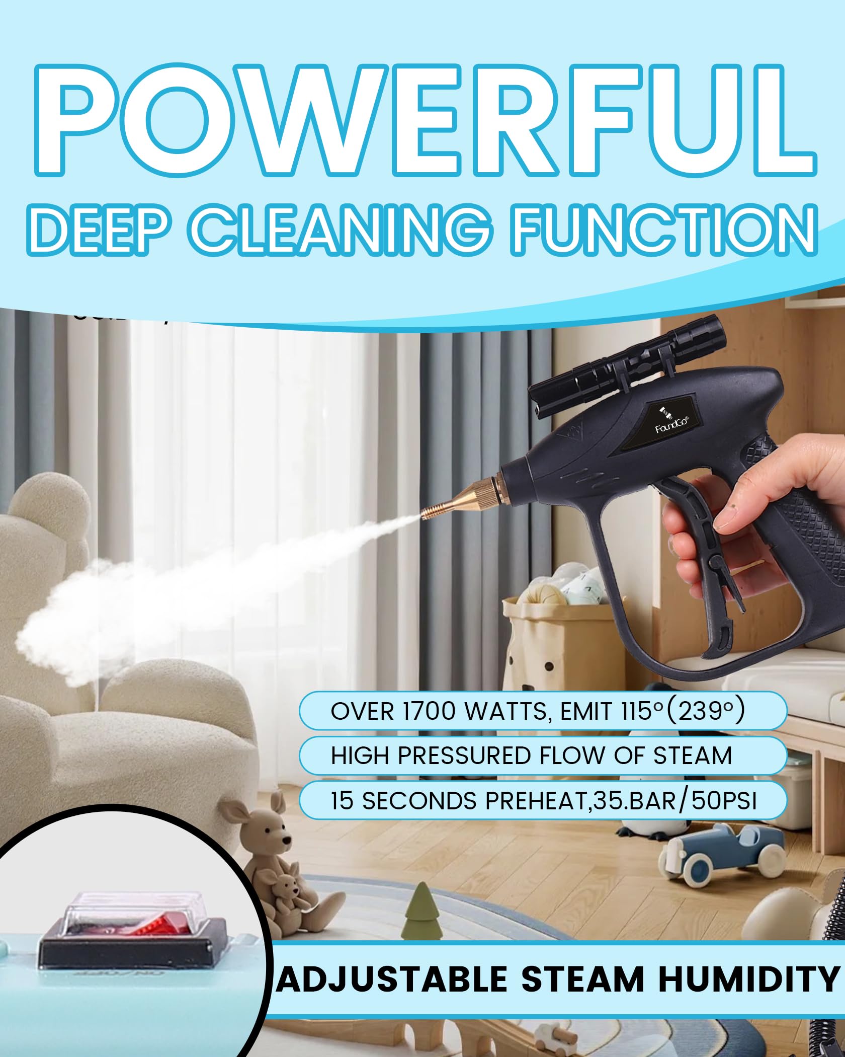1700W Tankless Handheld Steam Cleaner with 7 Brushes 20s Heating to 239℉ Pressurized Portable Steam Cleaner