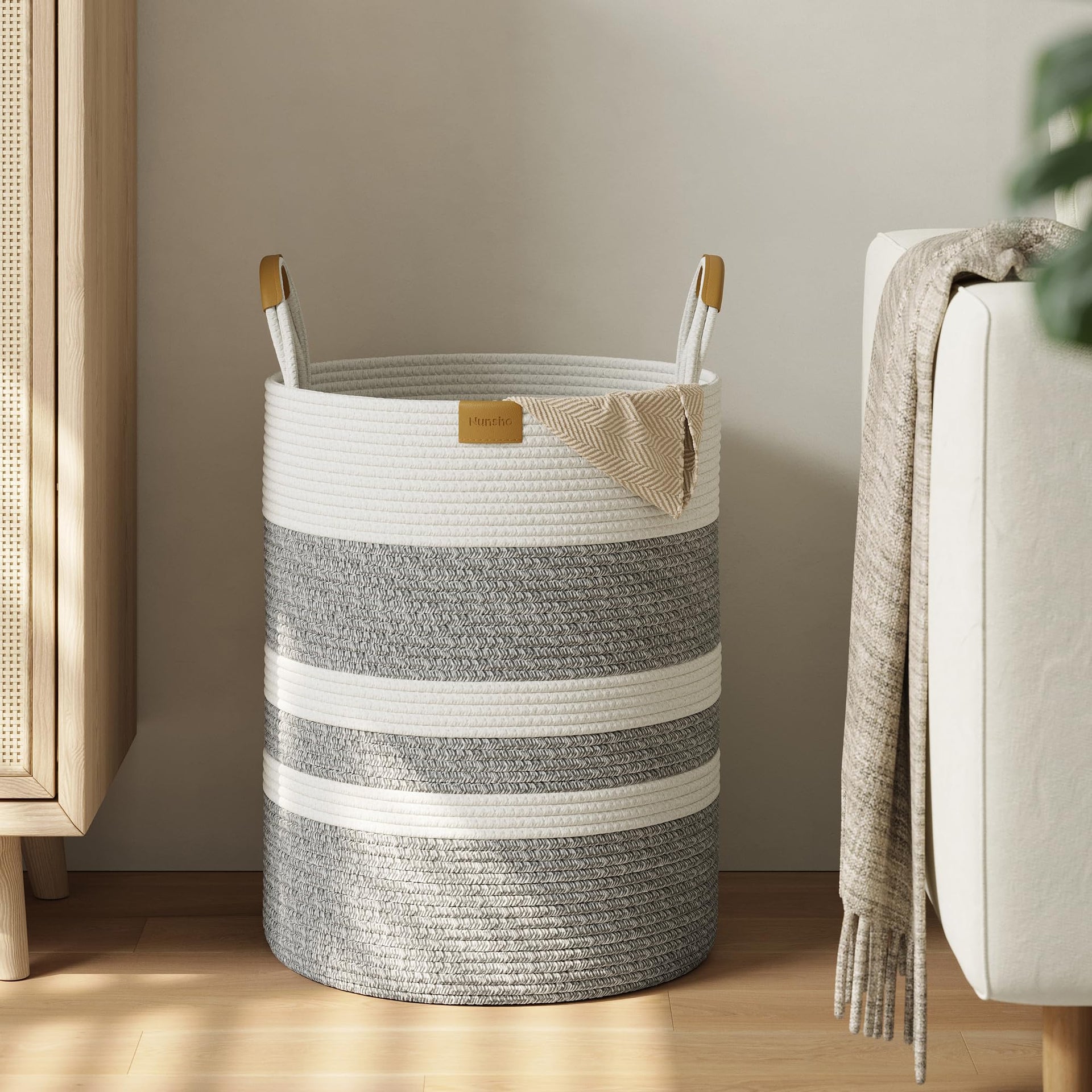 62L Striped Laundry Hamper with Leather Handles