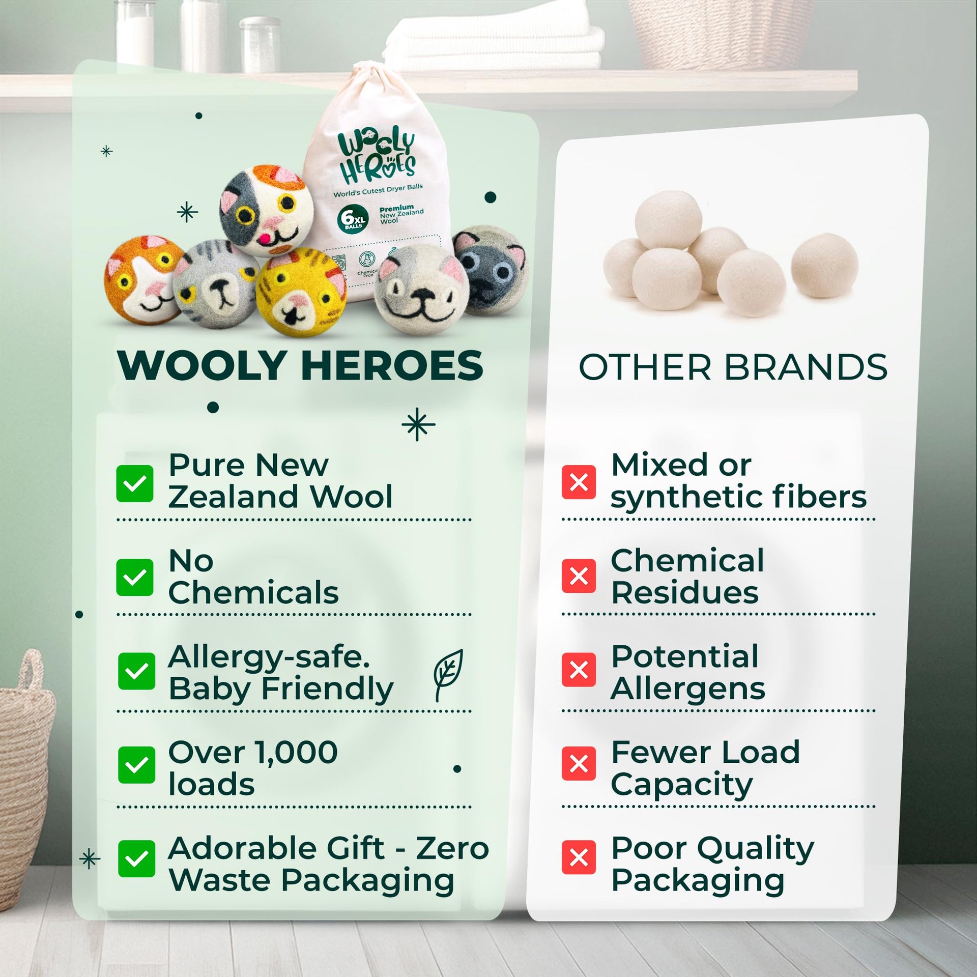 Chemical Free & Baby Safe! Reusable Wool Dryer Balls XL 6 (6 Count)