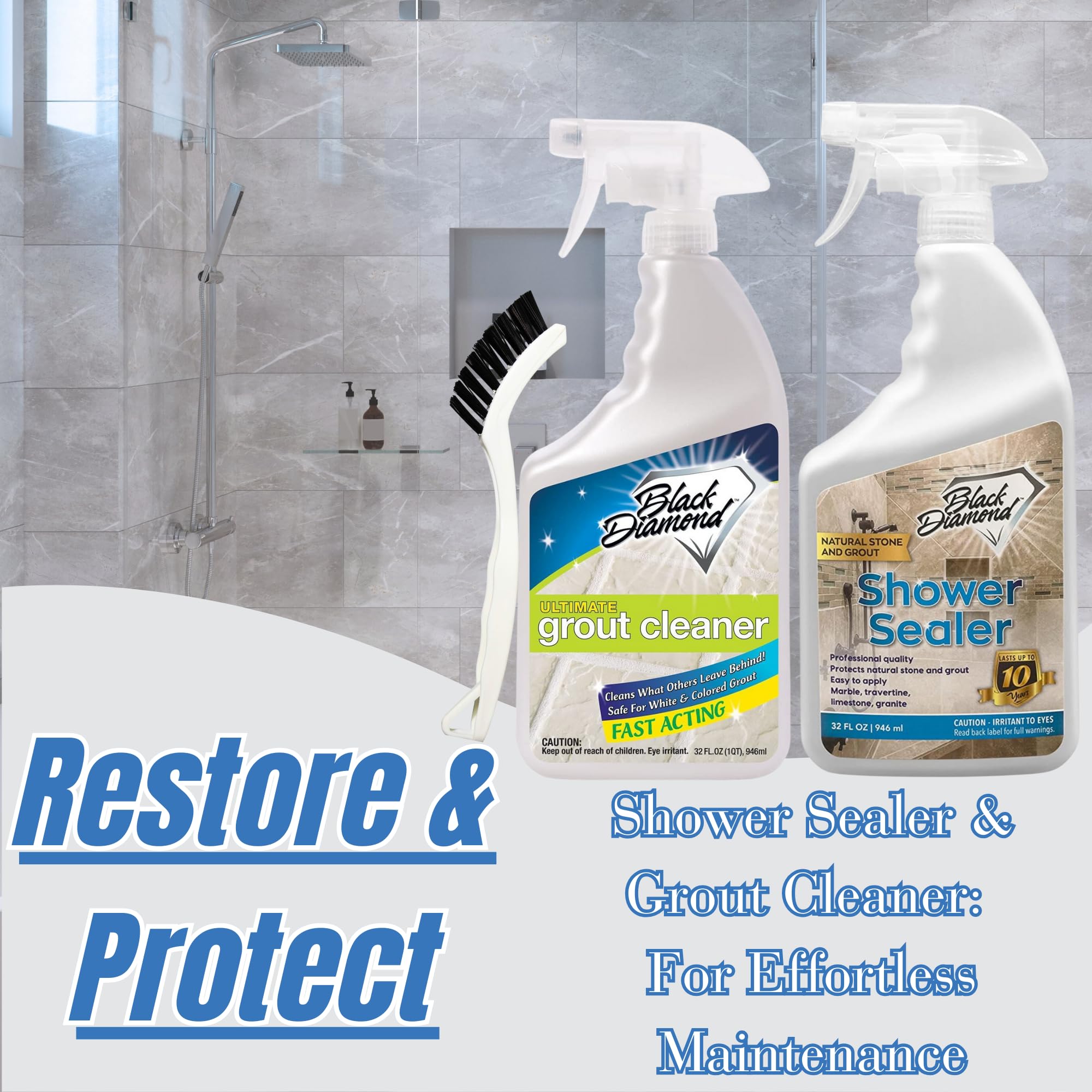 Natural Stone Shower Sealer Quart + Ultimate Grout Cleaner with Brush Quart (64 Fl Oz)