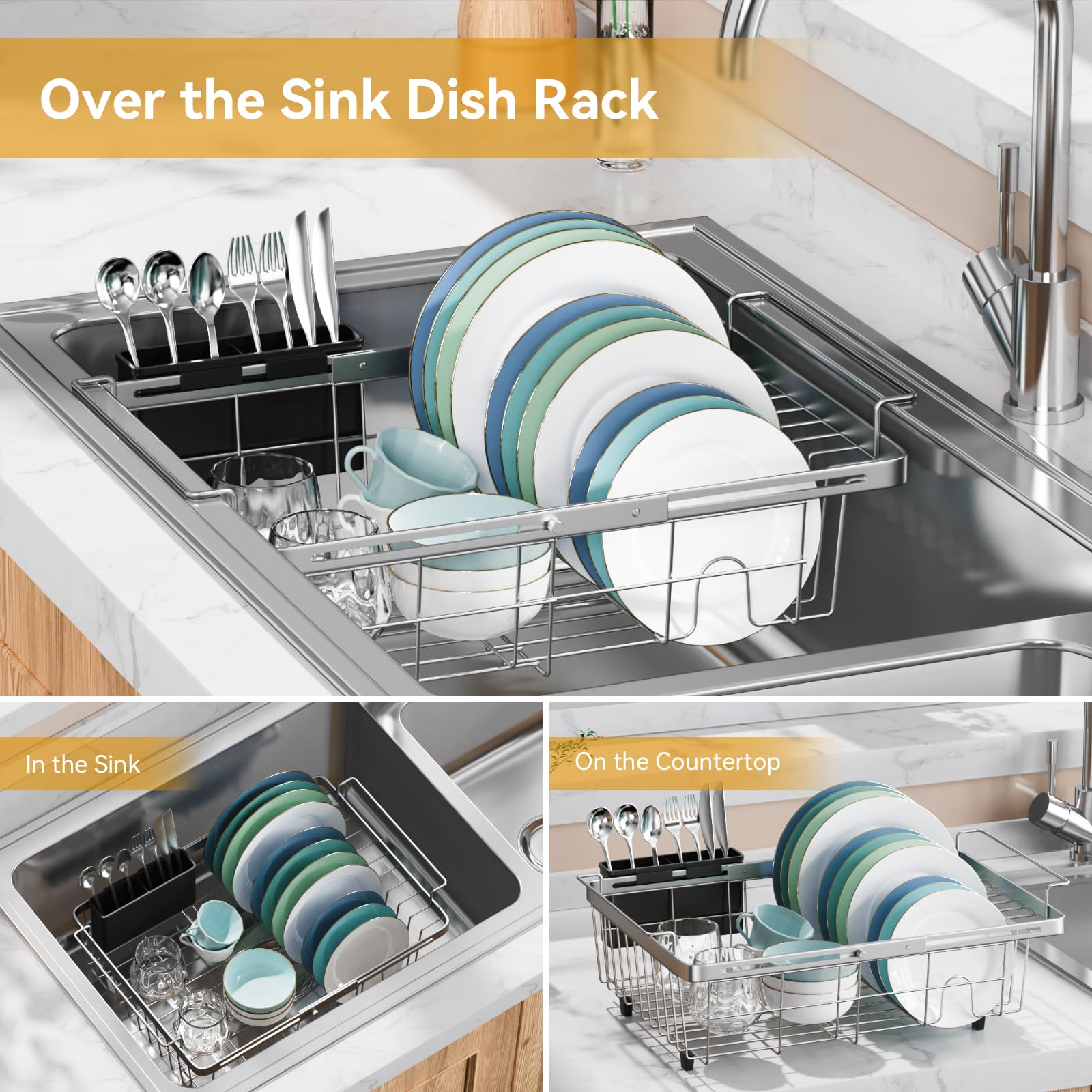 Capacity Expandable Over Sink Dish Drying Rack Stainless Steel