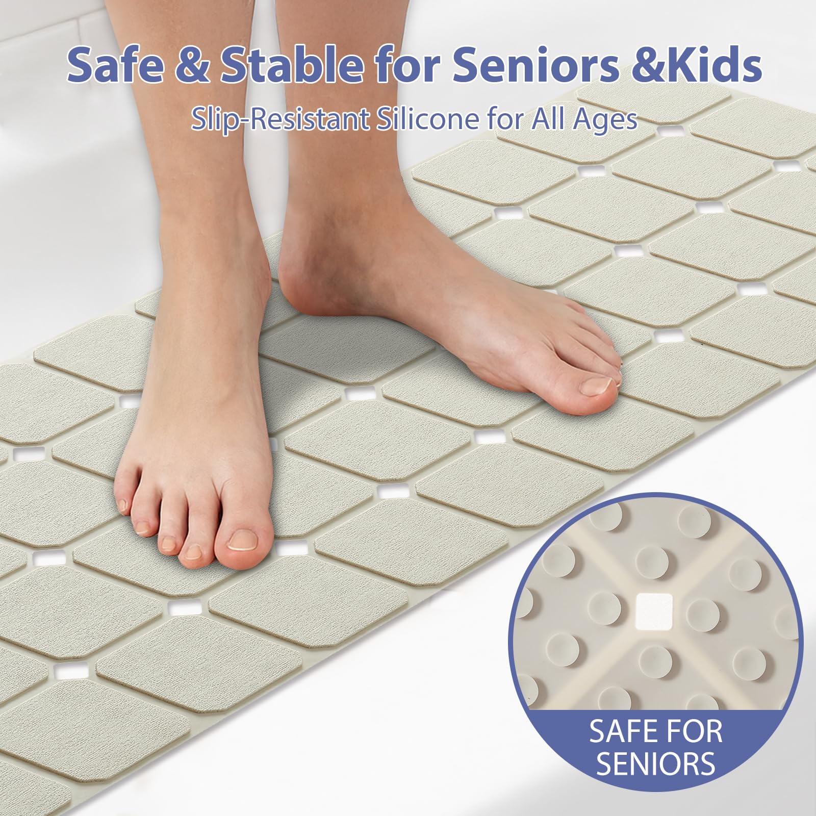 Bathtub Mat Non Slip Silicone Foldable Extra Long Tub Mat Strong Suction Cups & Large Drain Holes