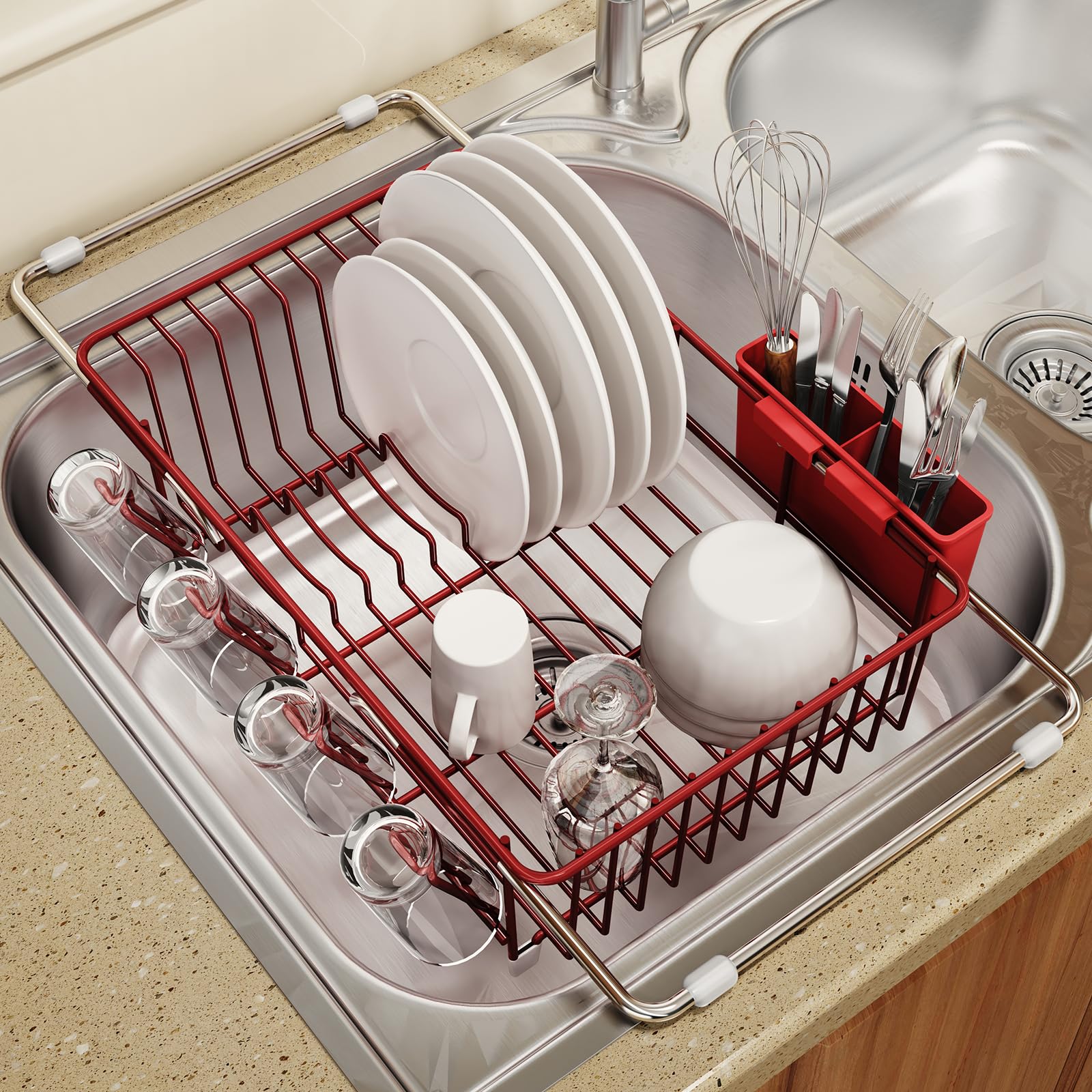Red Dish Drying Rack Over The Sink with Utensil Holder