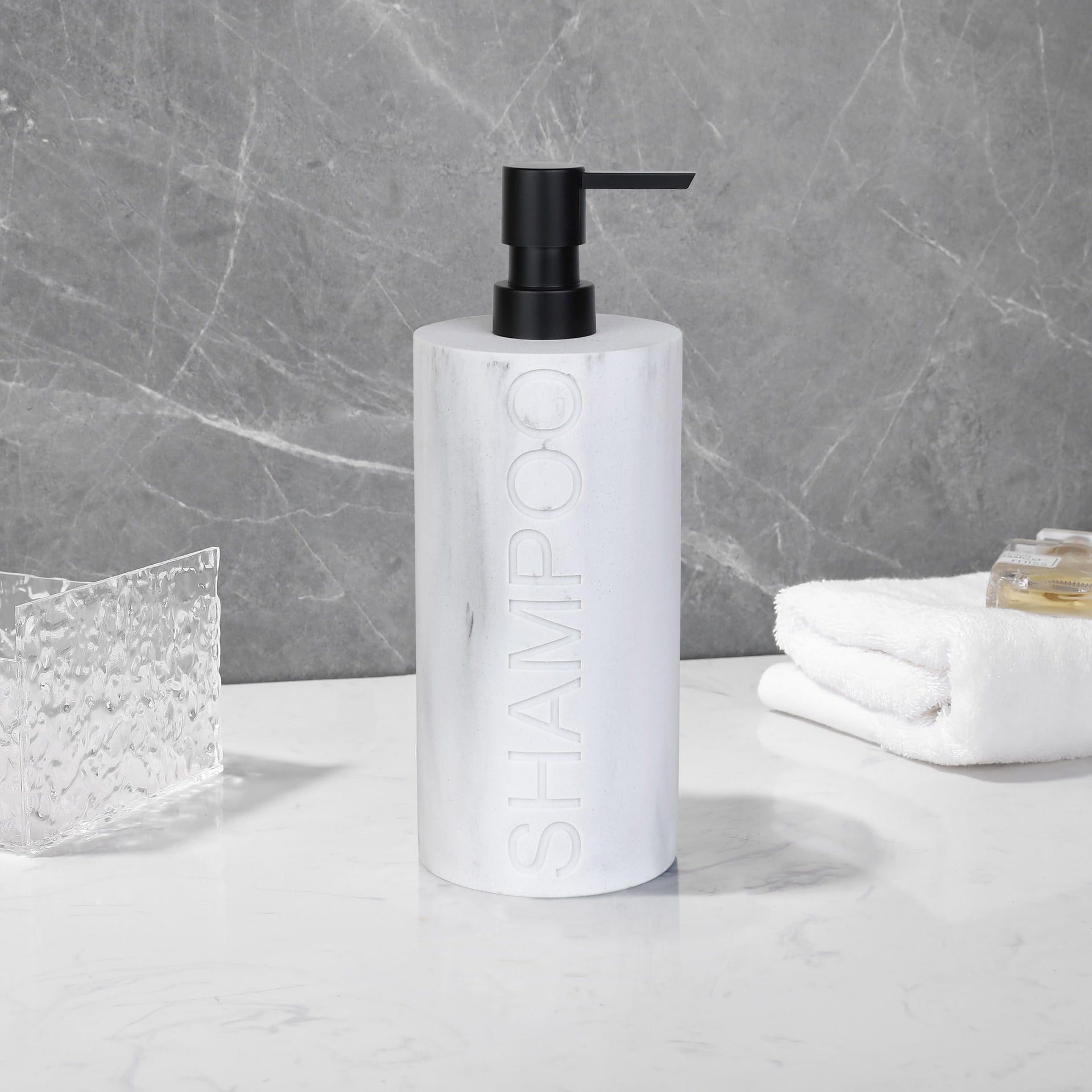 Resin White Marbled Shampoo Engraved Bottle Refillable Pump Dispenser