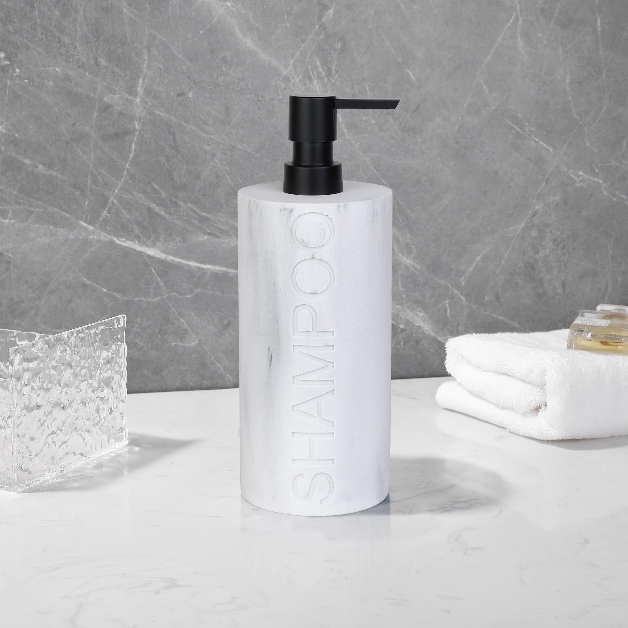 Resin White Marbled Shampoo Engraved Bottle Refillable Pump Dispenser