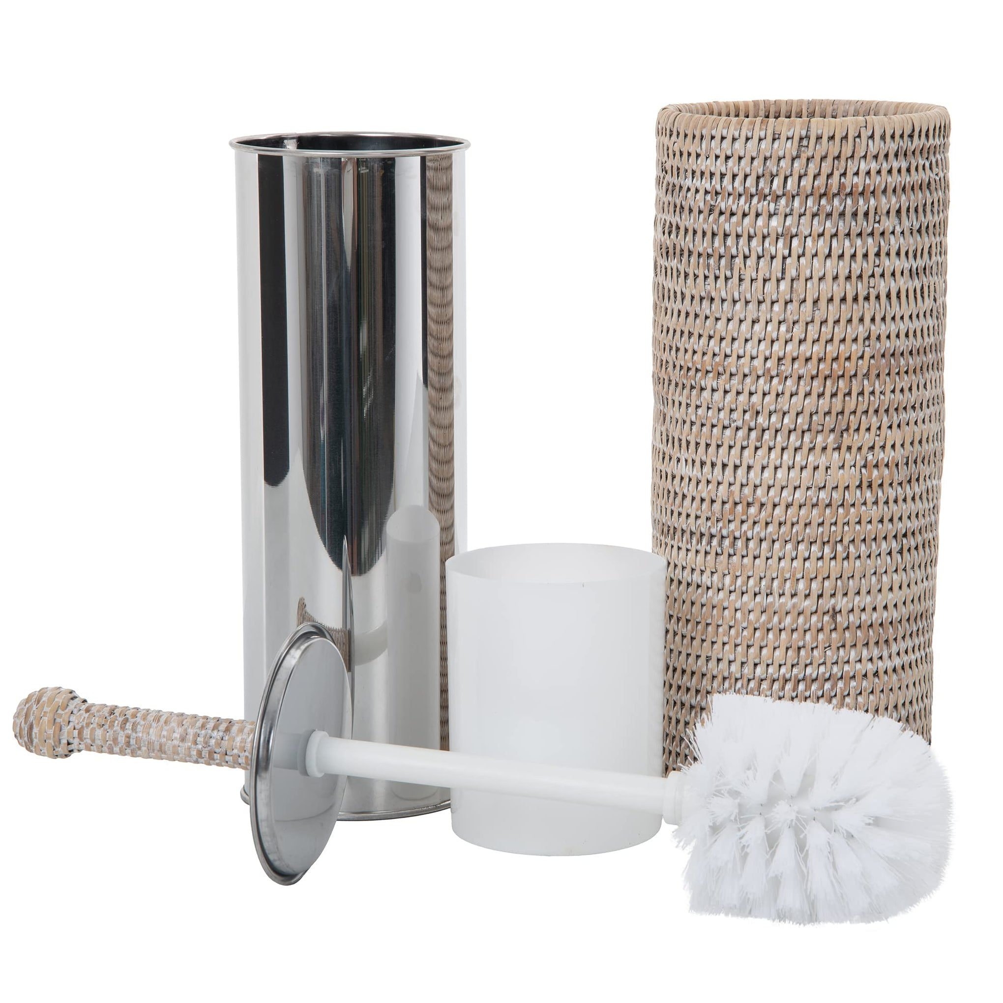 Rattan Toilet Brush Holder Set with Lid Bathroom Decor White Wash