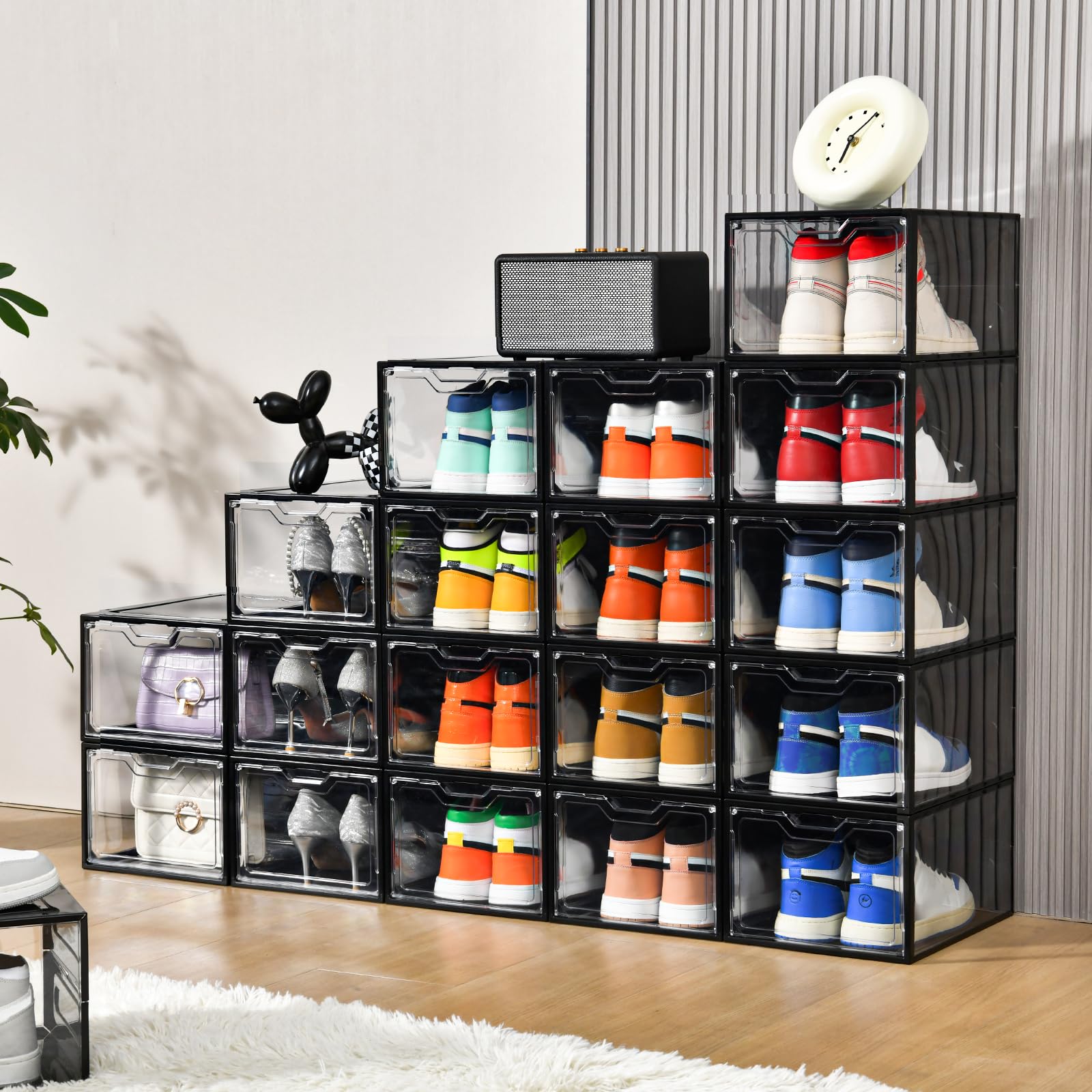 12 Pack Stackable Shoe Storage Organizer with Magnetic Door (12 Count)