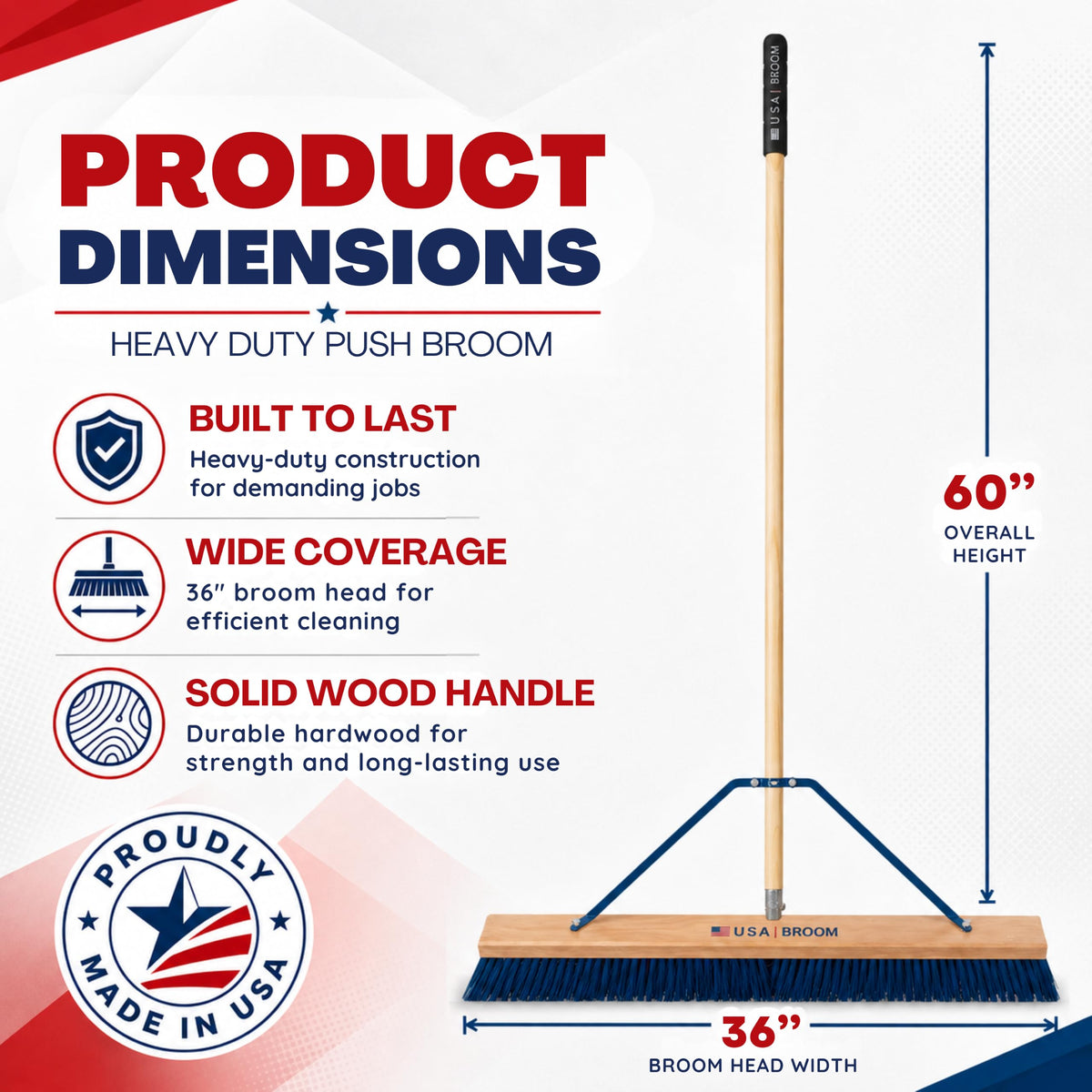 2-Pack - 36" Heavy Duty Outdoor Push Broom with 60" Handle. Ideal for Asphalt, Concrete & Heavy Debris. Durable American Made Steel Brackets-Stainless Steel Hardware. No Plastic. 100% USA Made