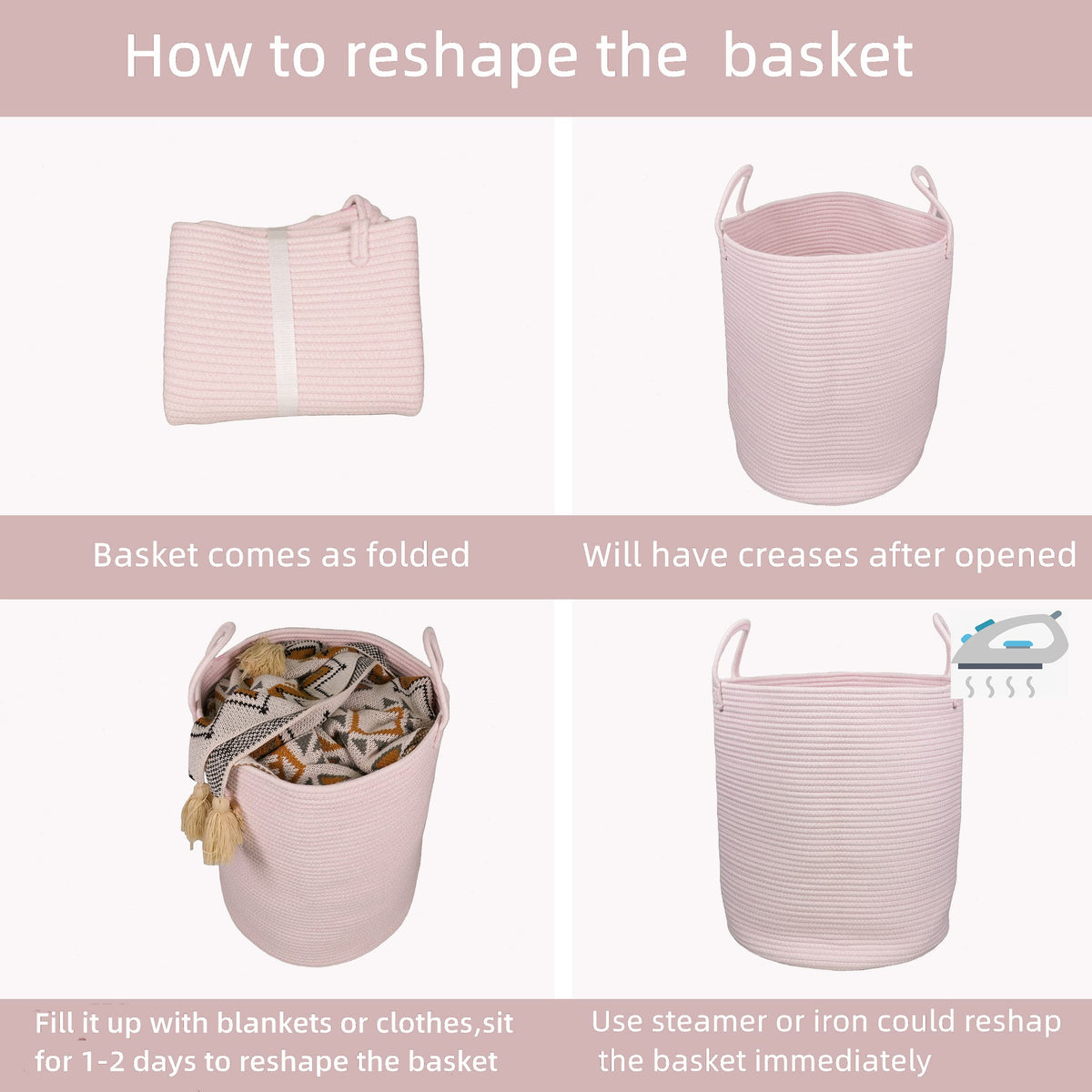 Cotton Rope Laundry Basket Hamper for Girls Kids Baby Nursery Pink