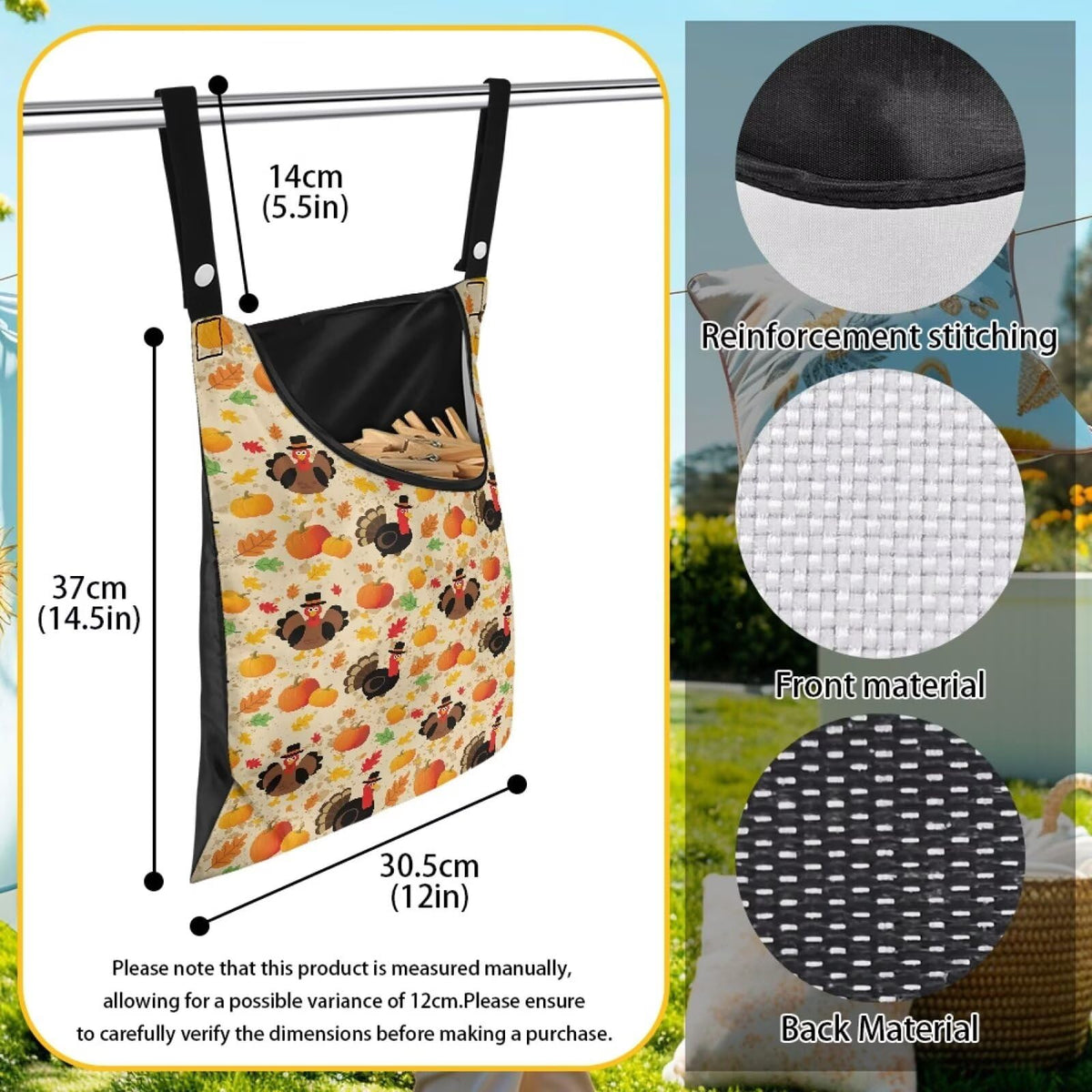 Pumkpin Clothespin Organizer Bag for Outdoor Turkey Portable Clothespin Storage Bags with Large Opening Waterproof Laundry Clothespins Bag Clothespins Holder for Clothesline Outdoor