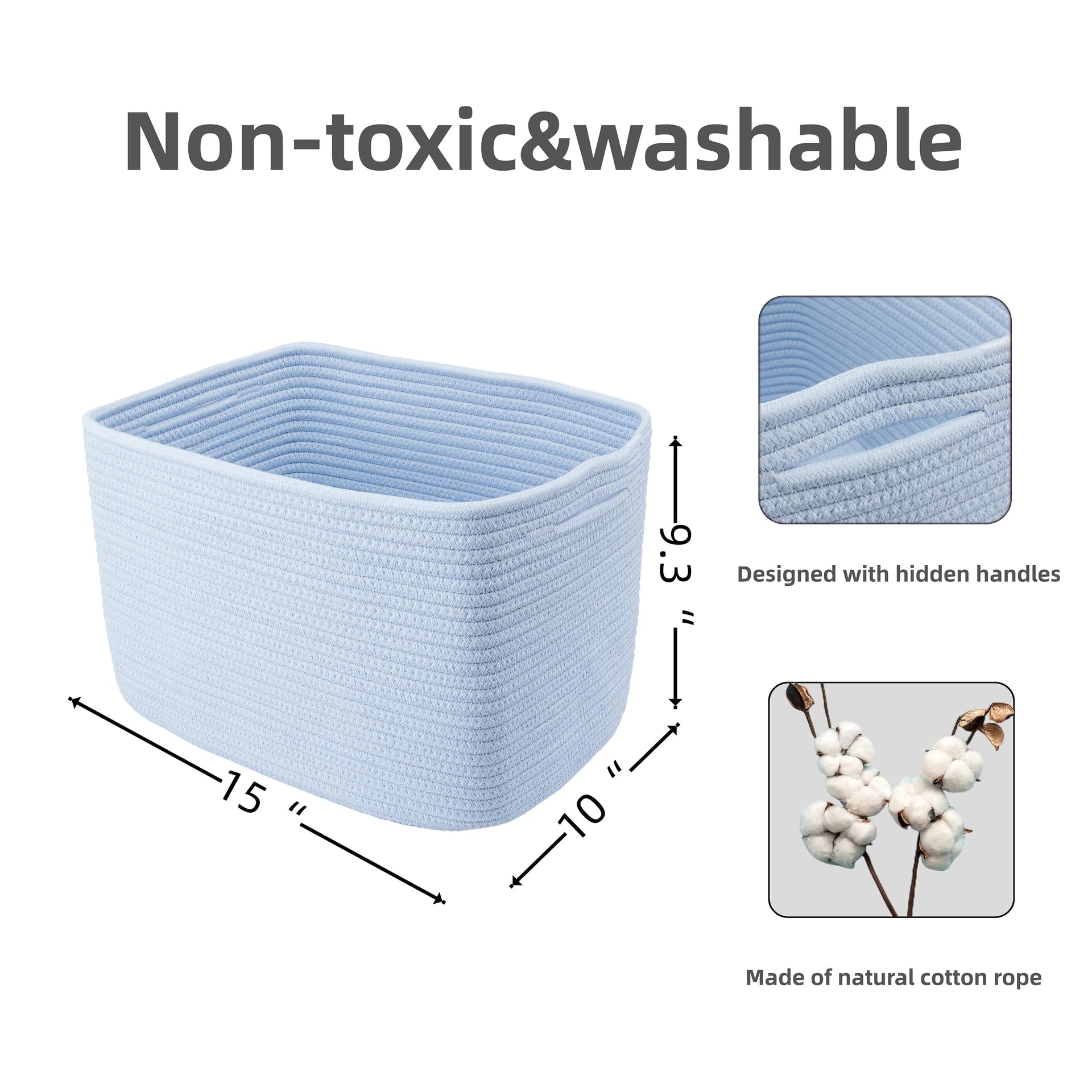Woven Cotton Rope Storage Baskets 15x10x9.3" 3 Pack Light Blue