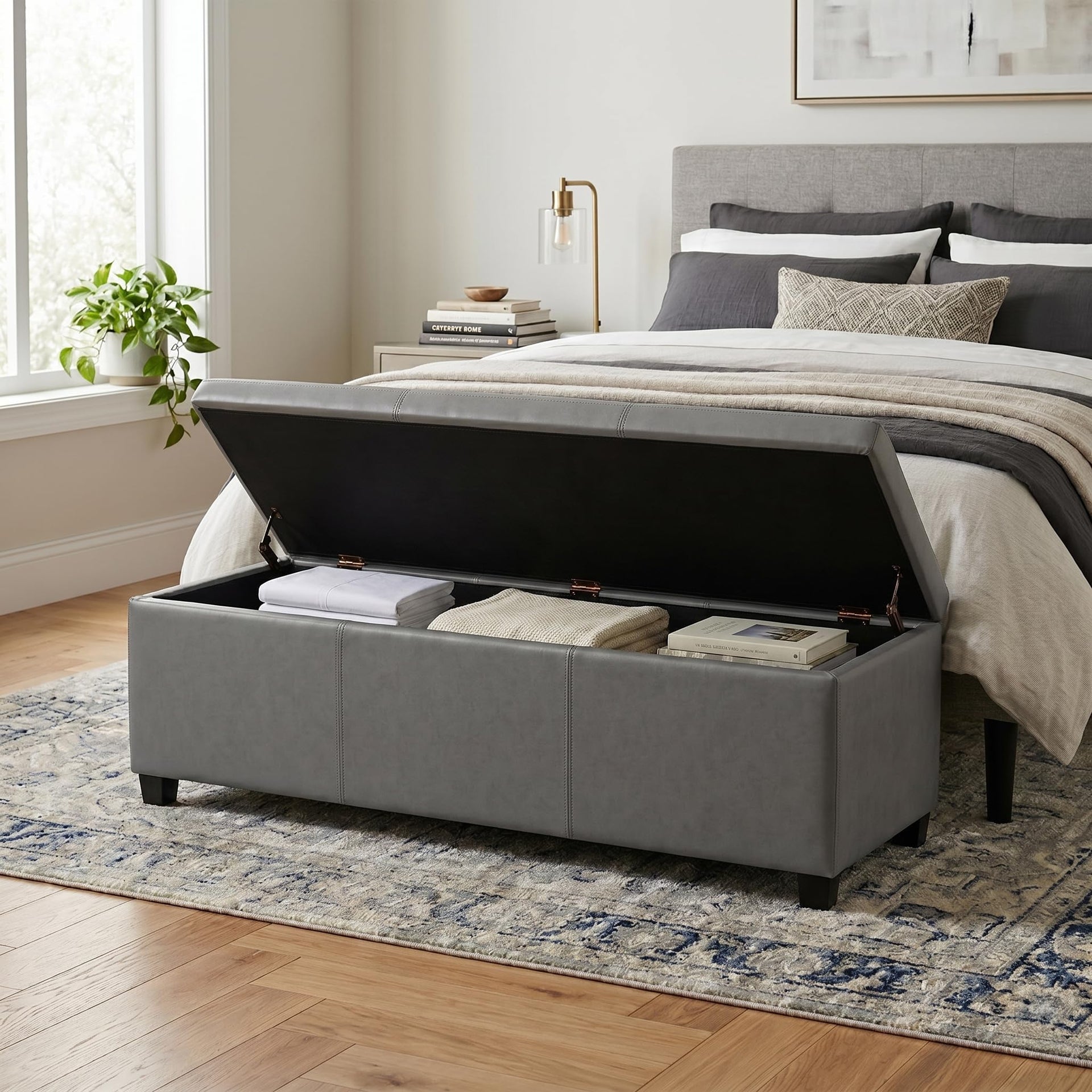 Avalon 48" Wide Vegan Leather Storage Ottoman in Stone Grey