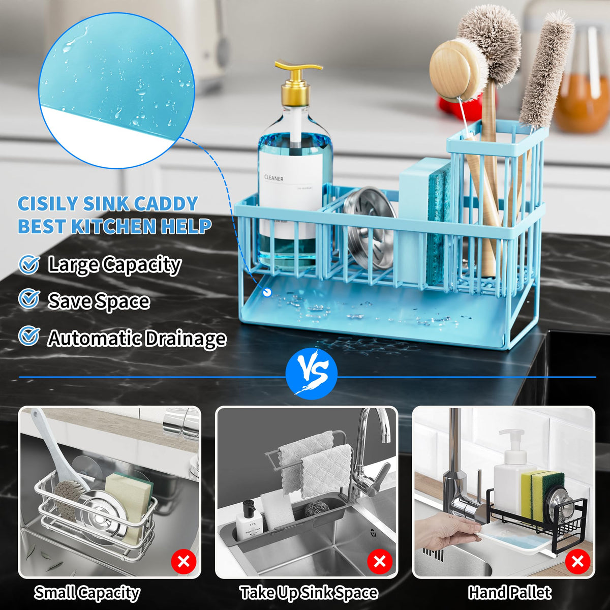 Blue Kitchen Sink Caddy Organzier with High Brush Holder