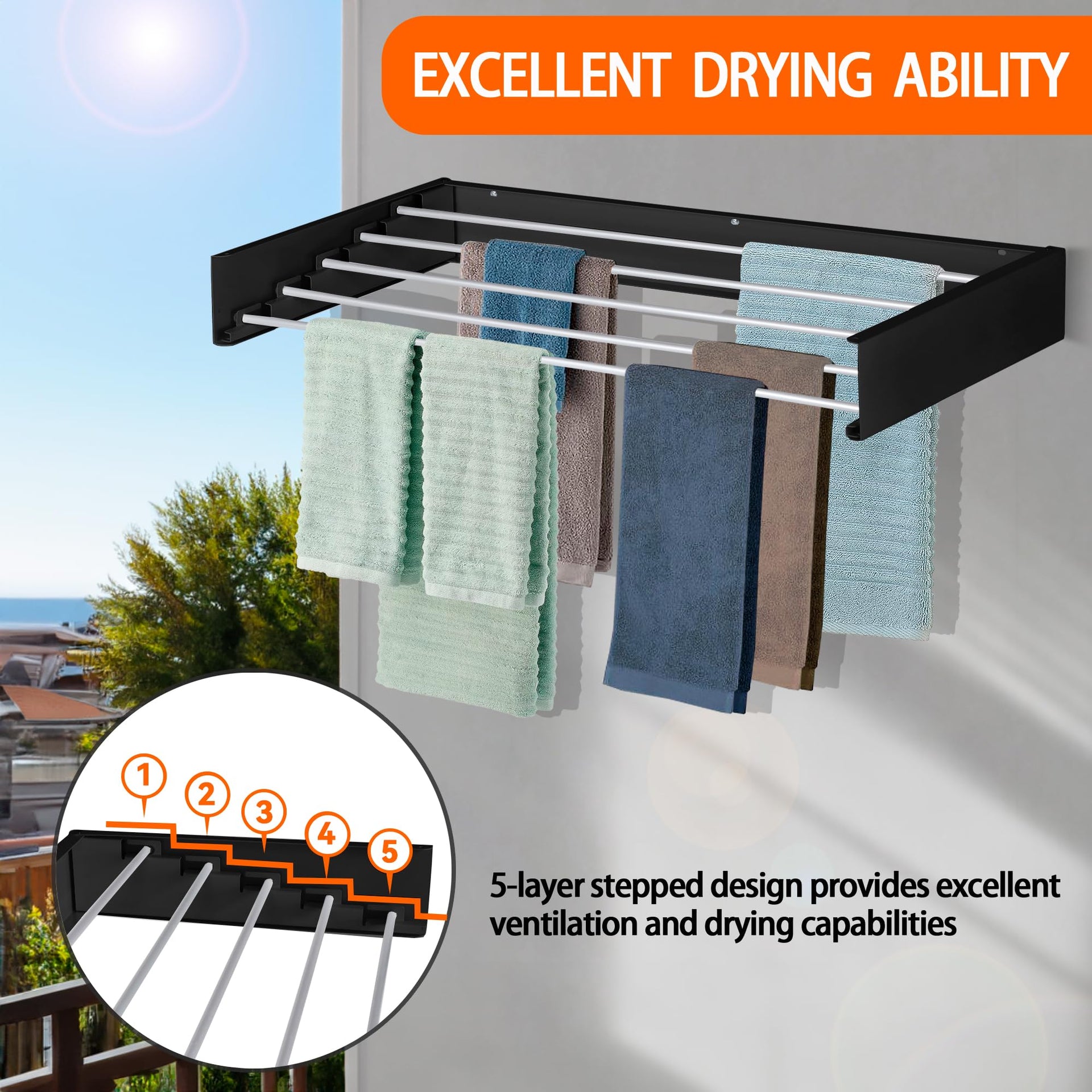 Laundry Drying Rack Wall Mounted Clothes Drying Rack Collapsible with 5 Aluminum Rods and Drilling Template Long Screwdriver Bit 60 lbs Capacity