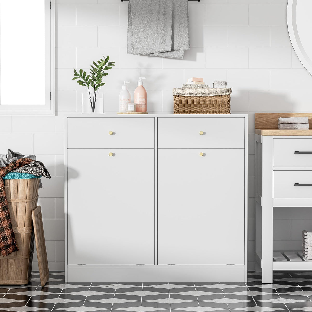 Double Tilt Out Trash Can Cabinet with 2 Drawers
