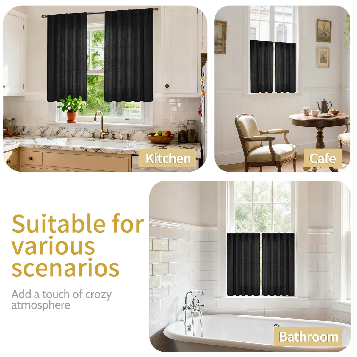 Black Linen Curtains 40 Inches Long for Kitchen Cafe Window (2 Count)