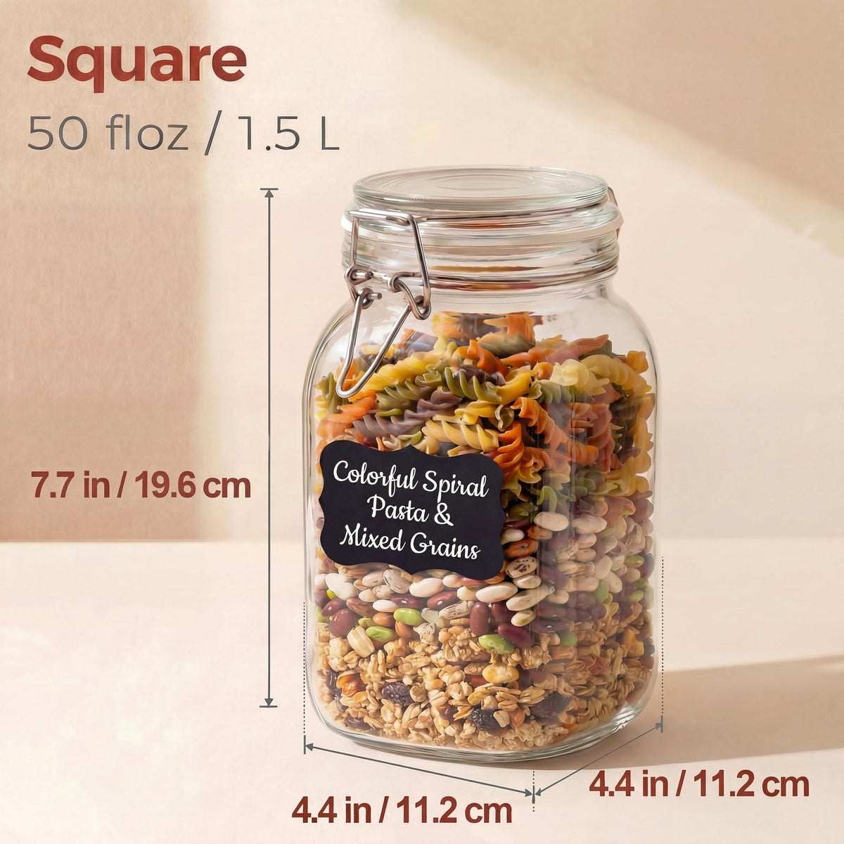 50oz Large Square Glass Jars with Airtight Lids (3 Count)