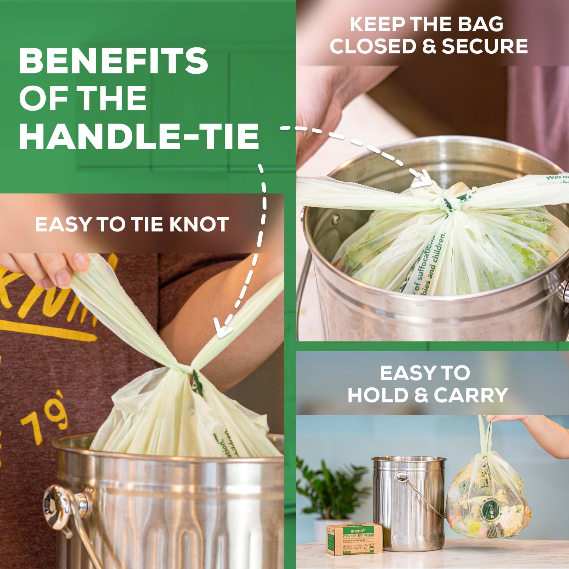 100% Compostable Food Waste Bags 1.6 Gallon With Handles (30 Count)