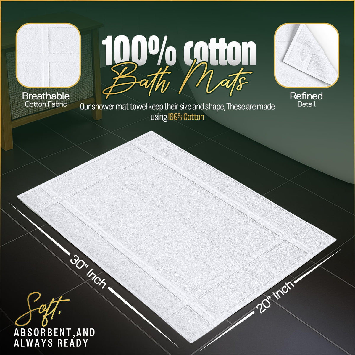 Pack of 2 100% Cotton Bath Mat 20x30 inches