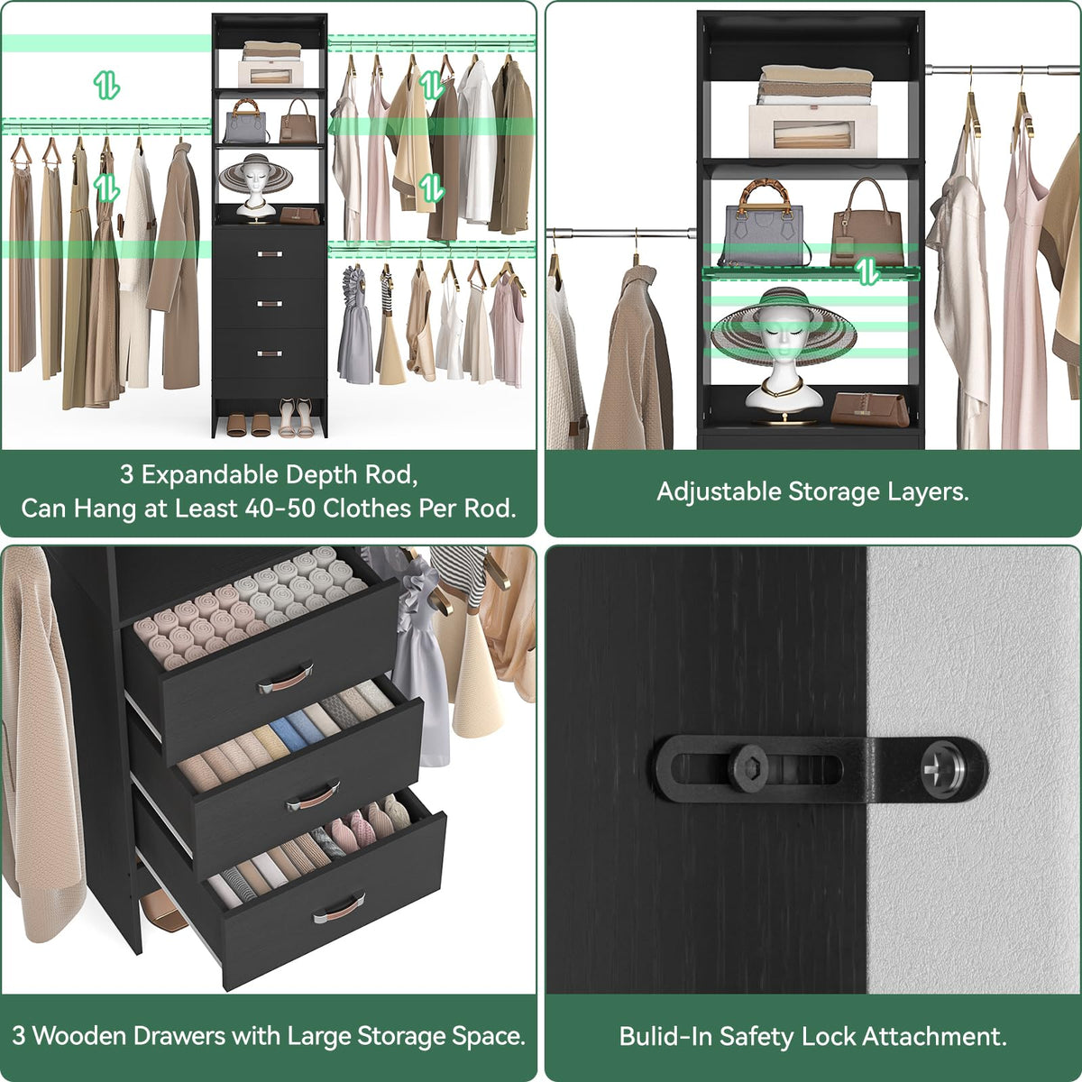 96'' Closet Organizer System with 3 Hanging Rods
