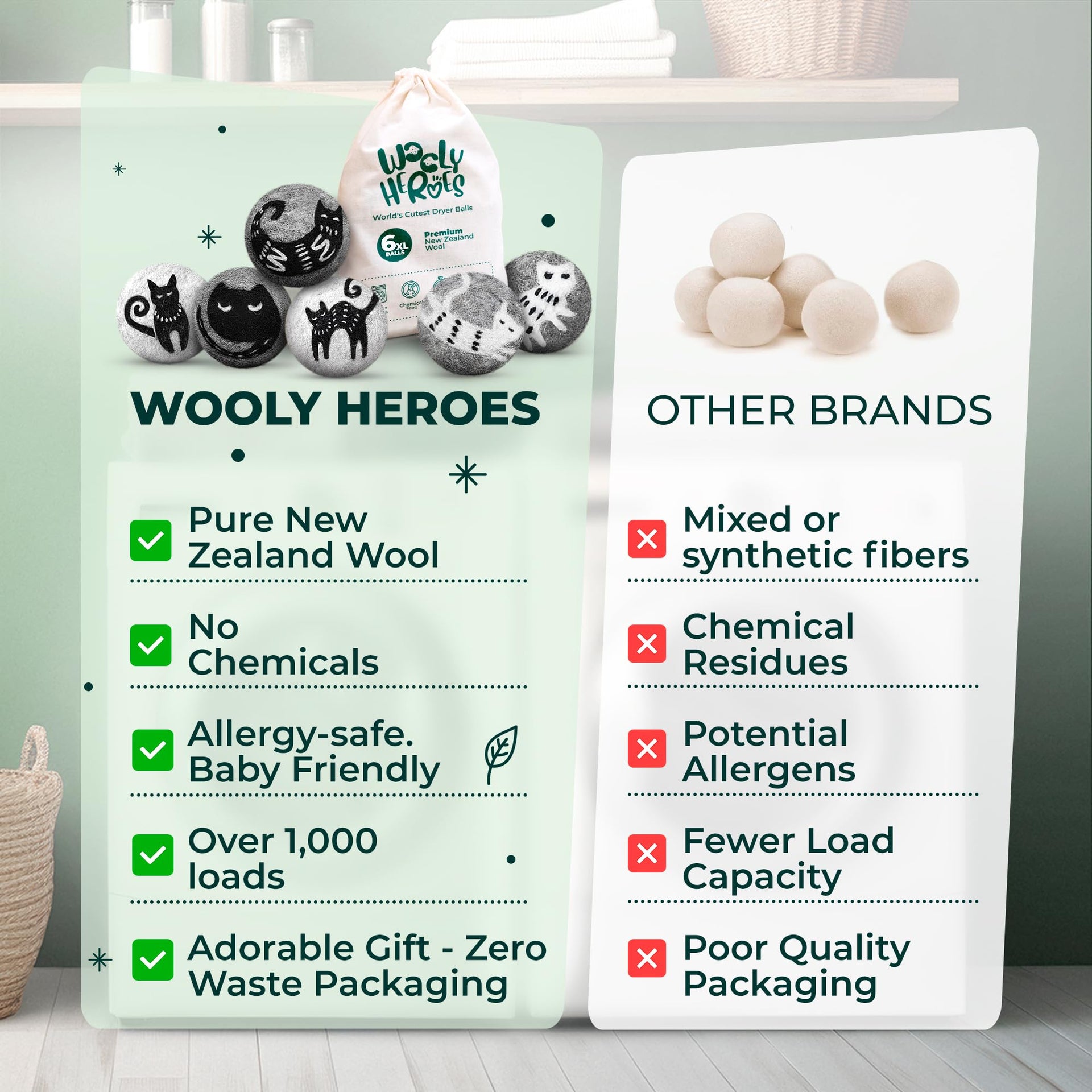 Chemical Free & Baby Safe! Reusable Wool Dryer Balls XL 6 (6 Count)