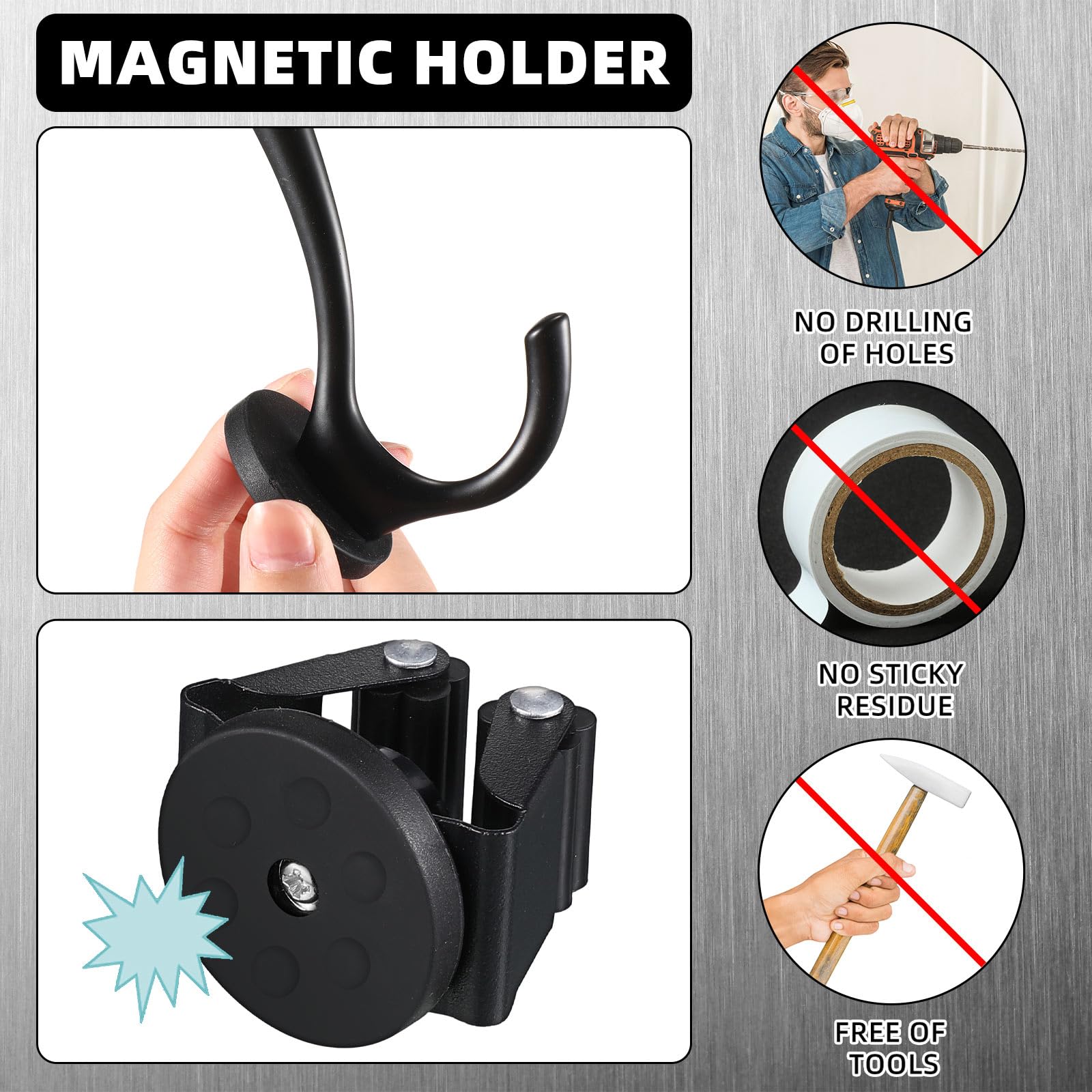 4 Pcs Magnetic Double Hooks Magnetic Coat Hooks Magnetic Mop Broom Holder Movable Magnetic Broom Holder Rack for Garage Kitchen Laundry Garden