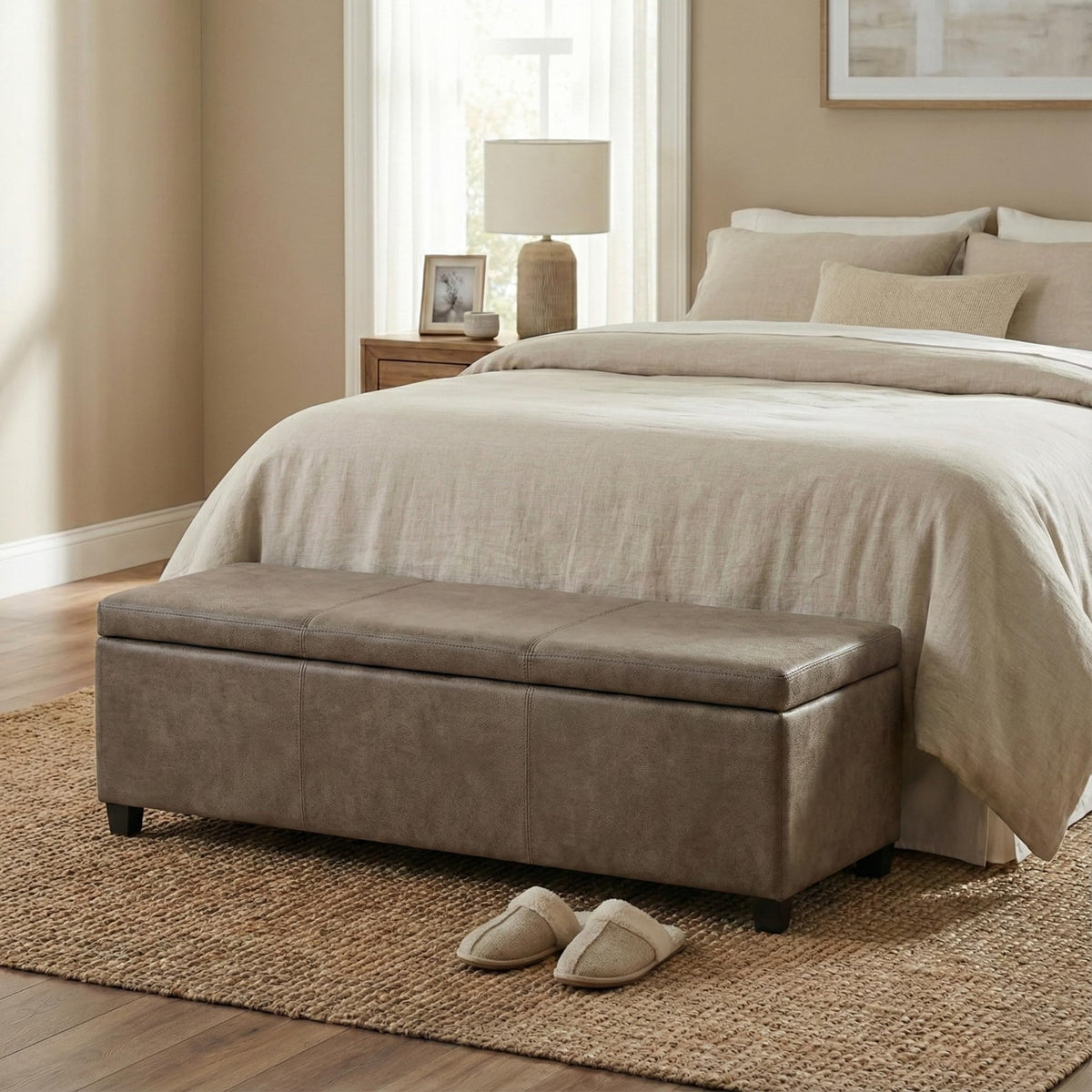 Avalon 48" Wide Vegan Leather Storage Ottoman in Grey Brown