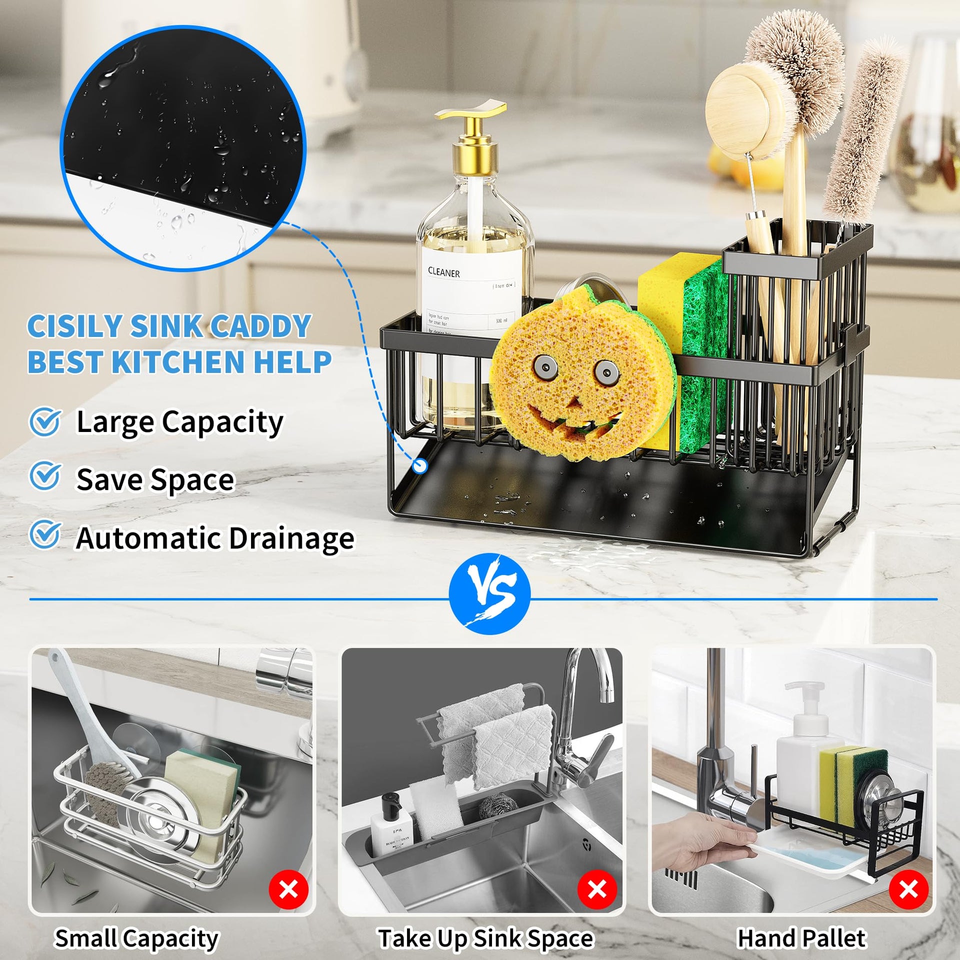 Kitchen Sink Caddy Organzier with High Brush Holder