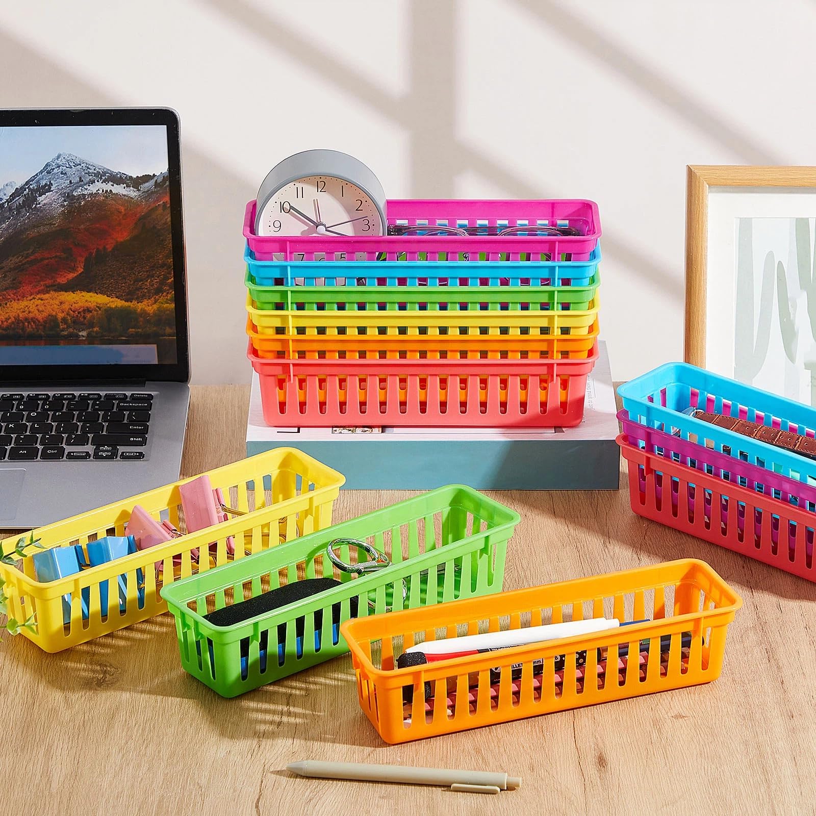 12 Pack Slim Plastic Storage Baskets Tray for Organizing 10.25x3.25x2.5 Inch Small Narrow Storage Bins Stackable Drawer Pencil Trays Holder for Desk Garage Cabinet Container (12 Count)