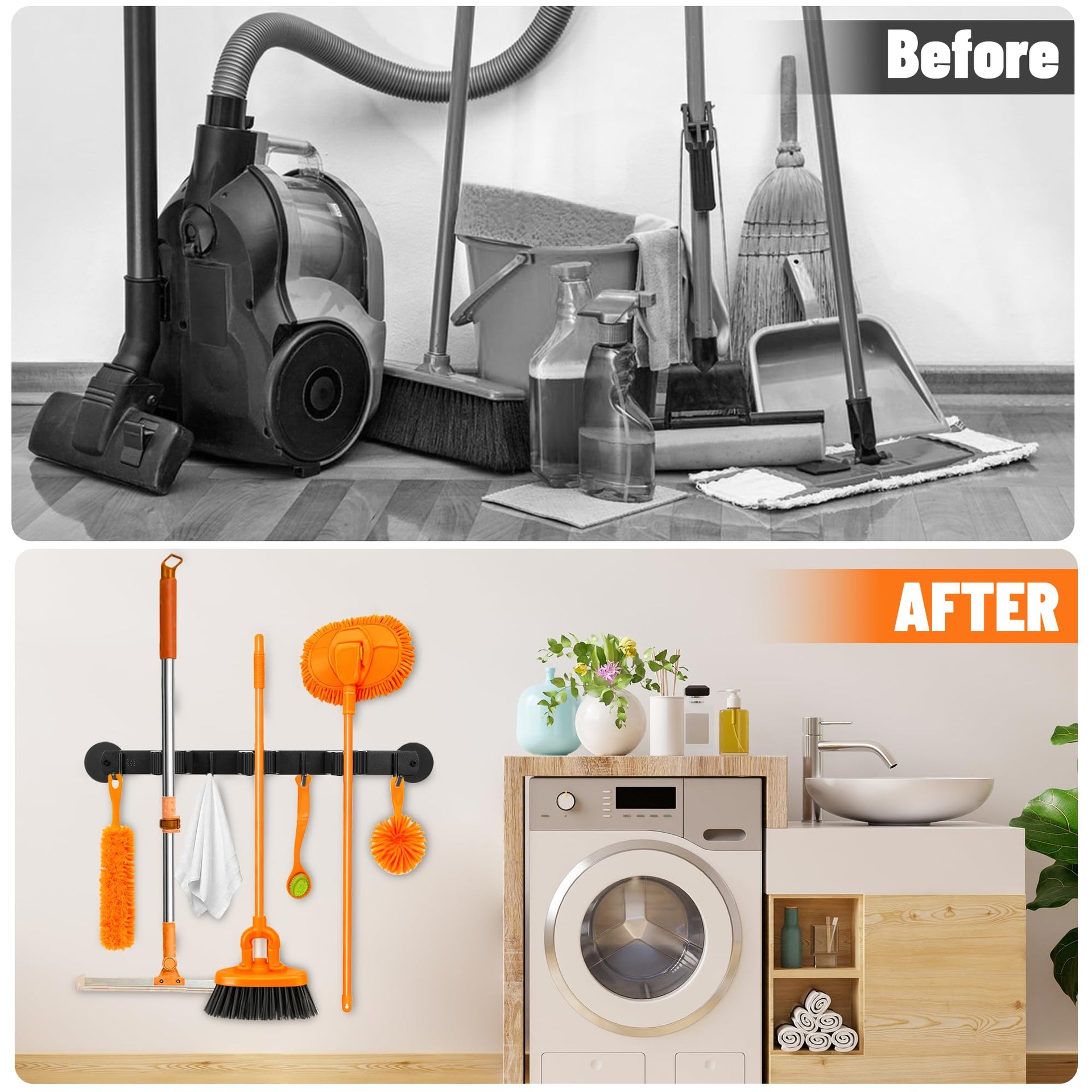 Magnetic Broom Holder Wall Mount with 4 Hooks and 3 Rack