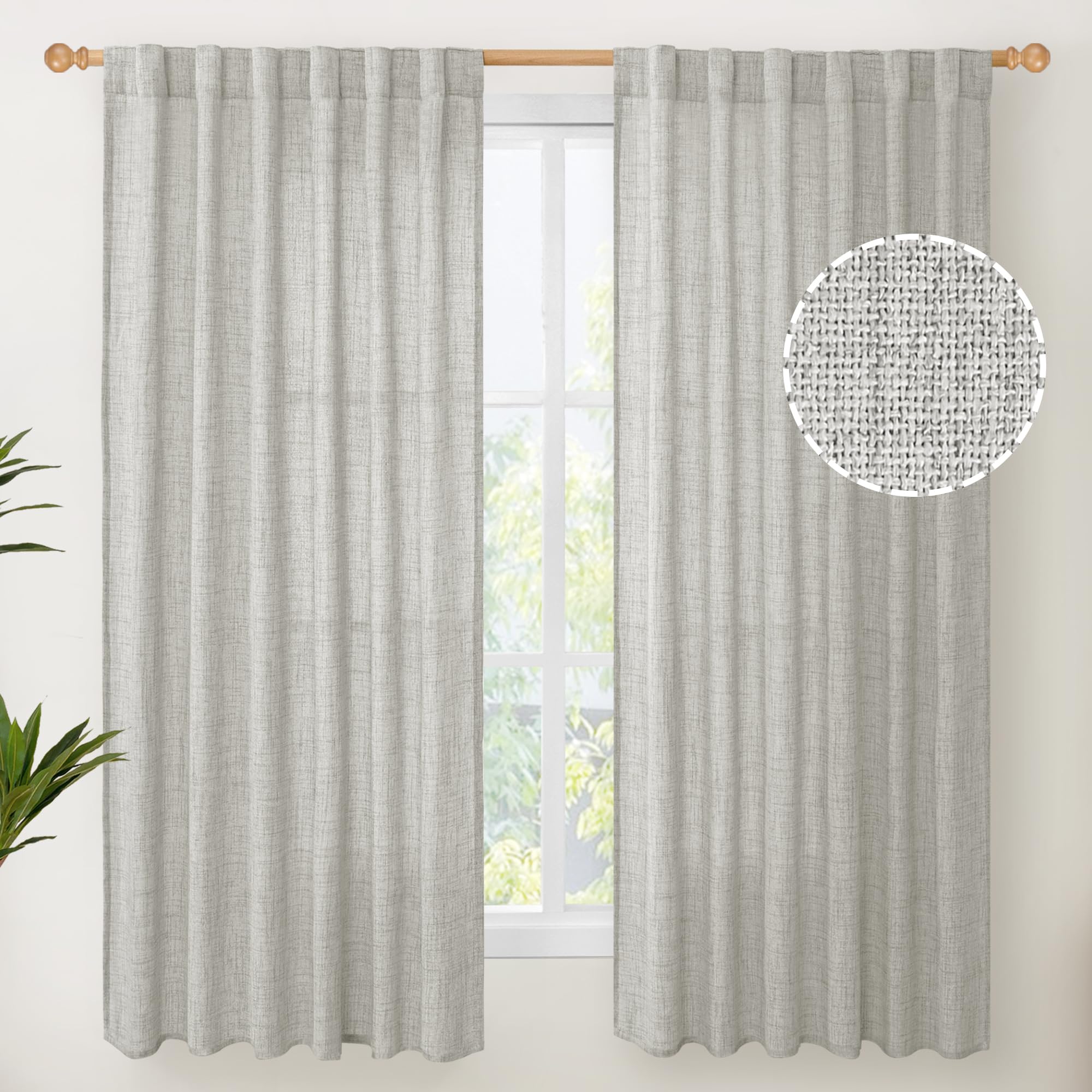 Light Grey Linen Semi Sheer Curtains 52x63 Inch Length for Living Room (2 Count)