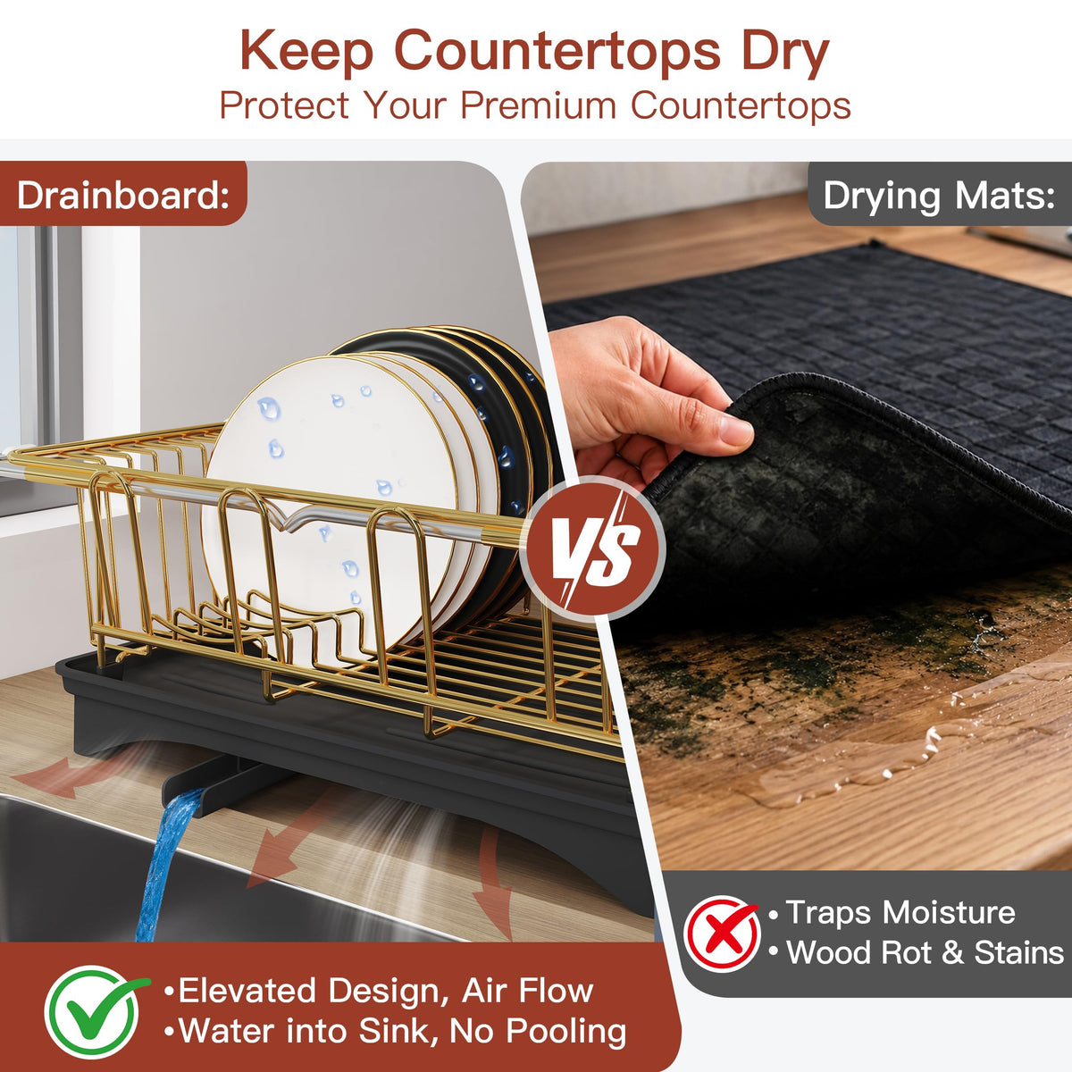 Gold Dish Drying Rack in Sink with Drainboard and Utensil Holder