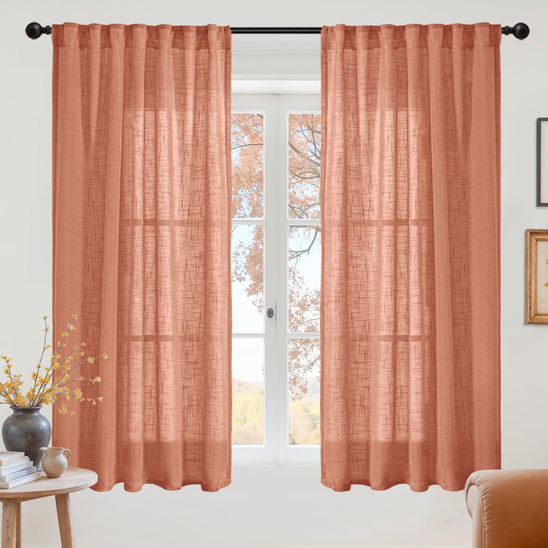 Burnt Orange Linen Semi Sheer Curtains 42 X 45 Inch Long (2 Count)