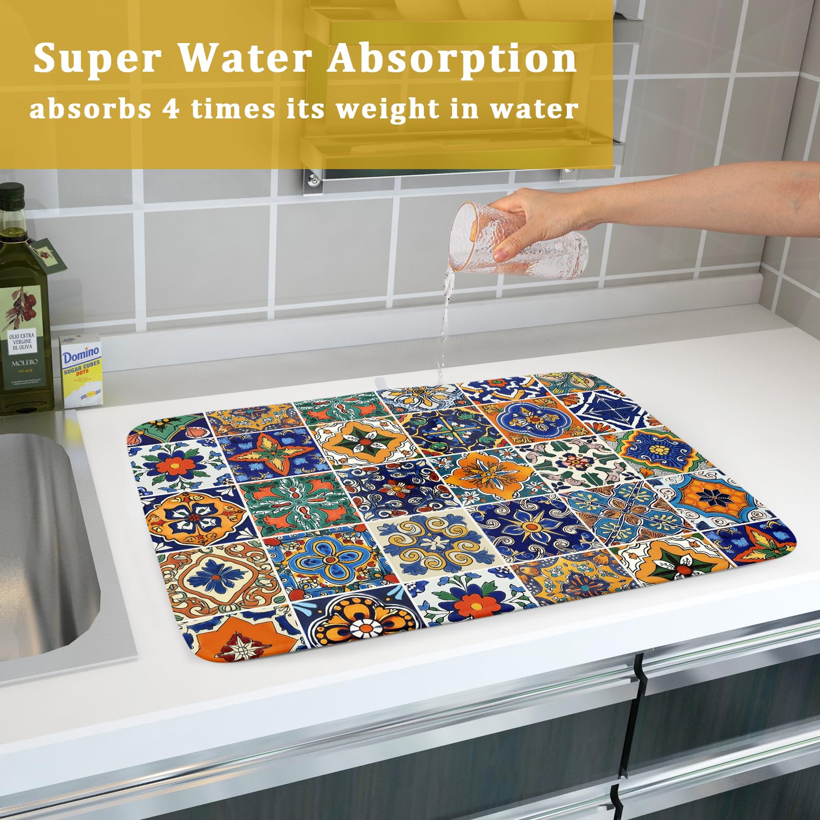 Talavera Mexican Tiles Dish Drying Mat for Kitchen Counter 16x18 Inch Mexican Flower Decorations Dish Draining Mat Mexican Tilt Fast Absorbent Tableware Dishes Pad for Coffee Bar Countertop