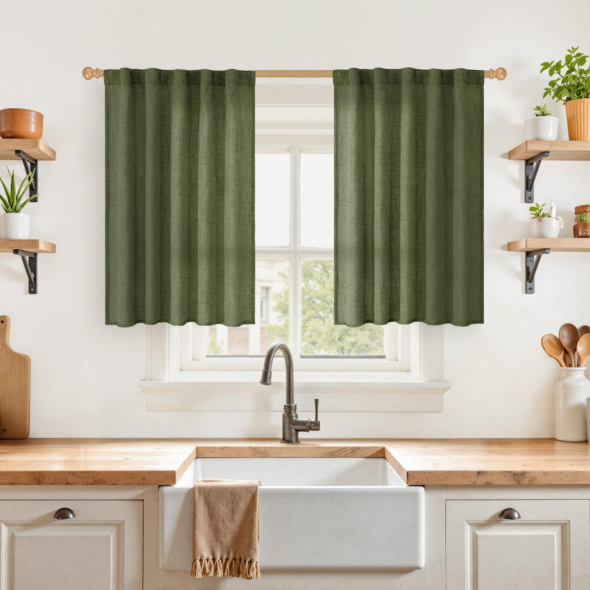 Olive Green Linen Kitchen Curtains 36 Inch Length (2 Count)