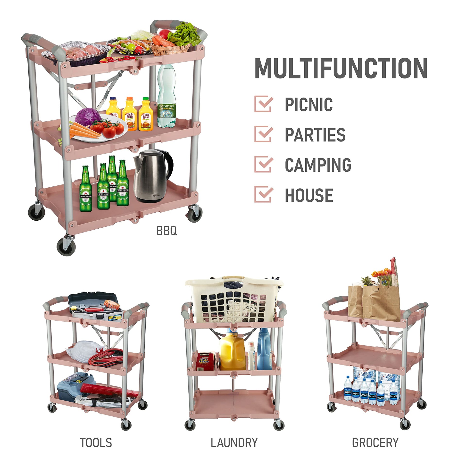 89-350 Pack-N-Roll Folding Collapsible Service Cart, 150LB Capacity, Rose