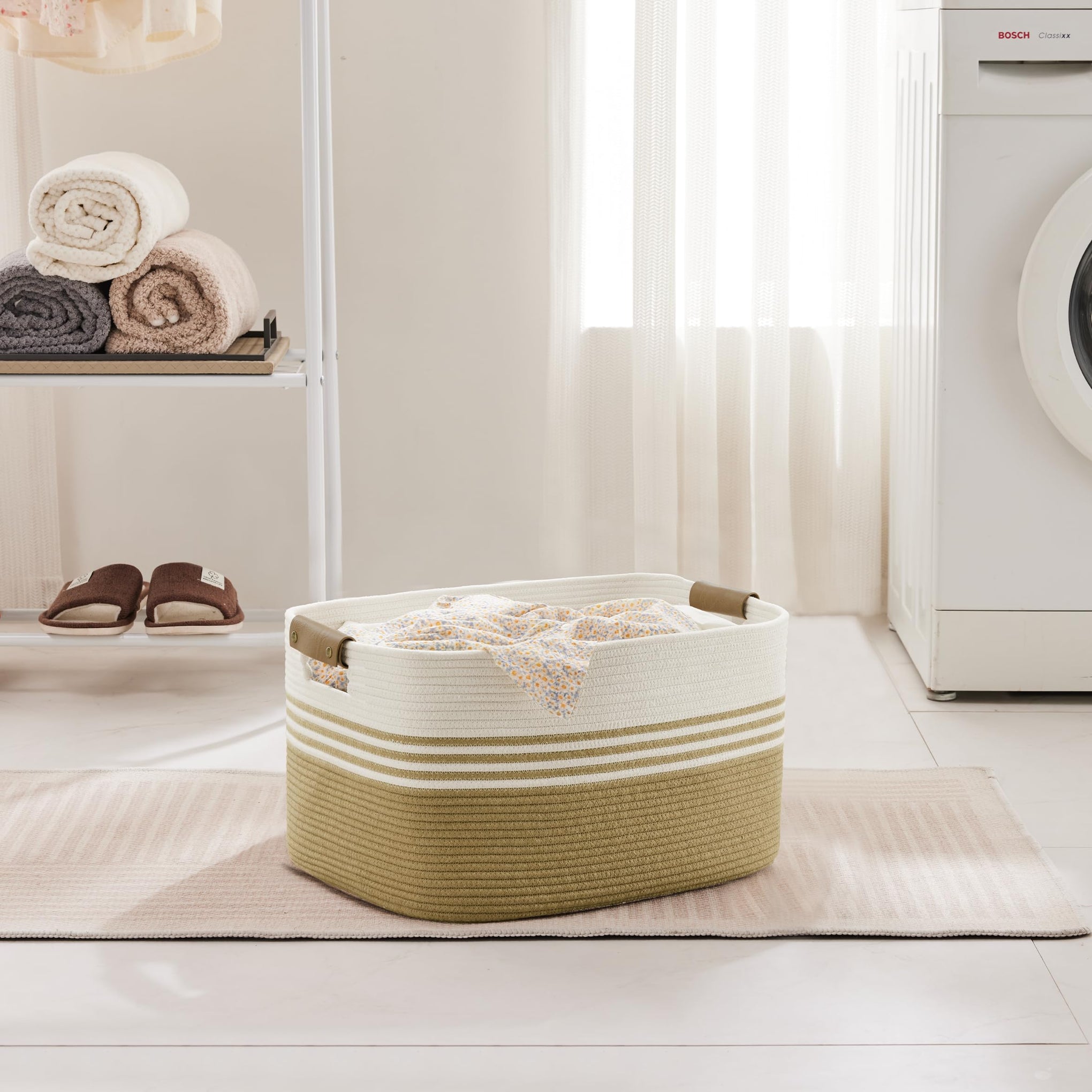 45L Small Woven Laundry Basket Hamper with Leather Handles - ModHome Supplies