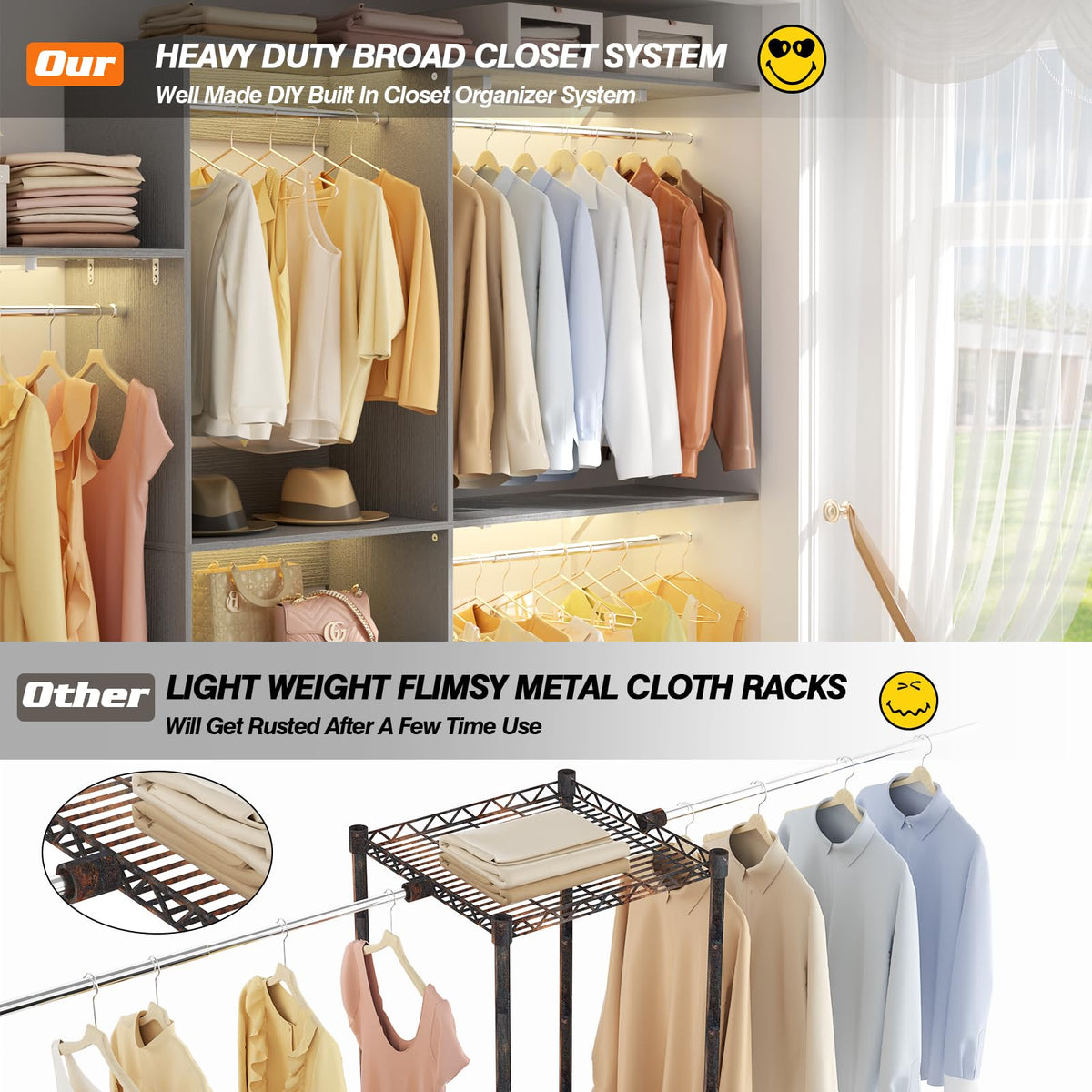 8FT Closet System with 3 Wooden Storage Shelves
