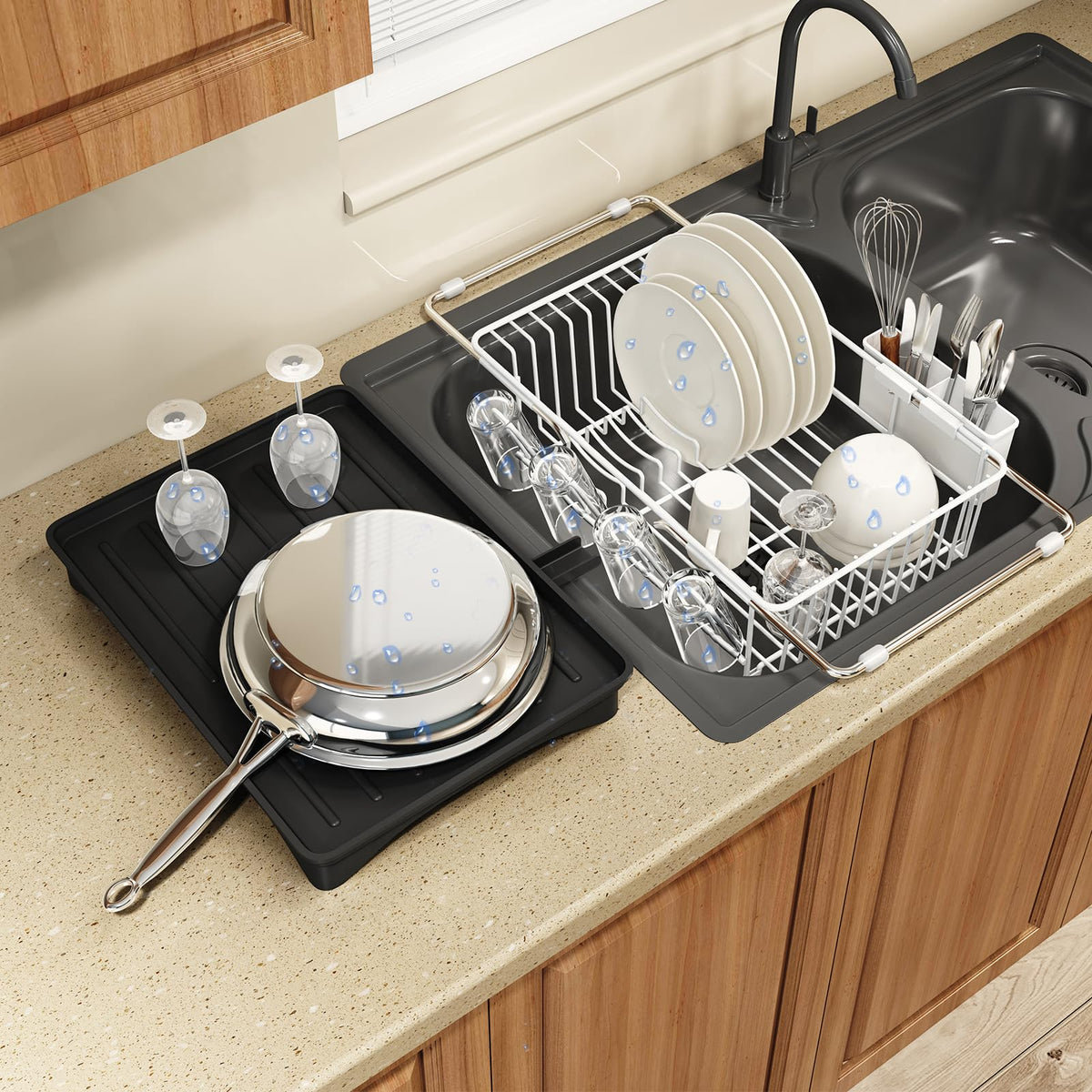 White Dish Drying Rack Over Sink with Utensil Holder