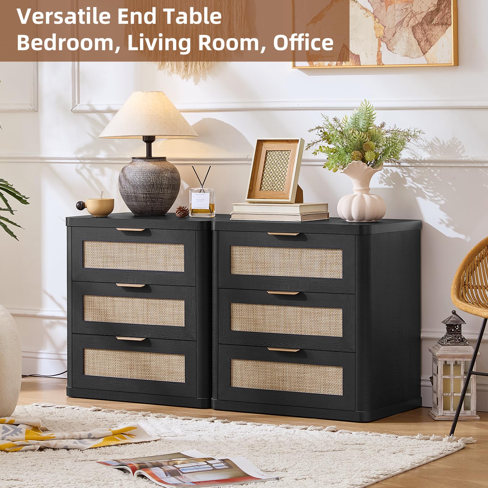 Rattan 23" Nightstands with Drawers for Bedroom