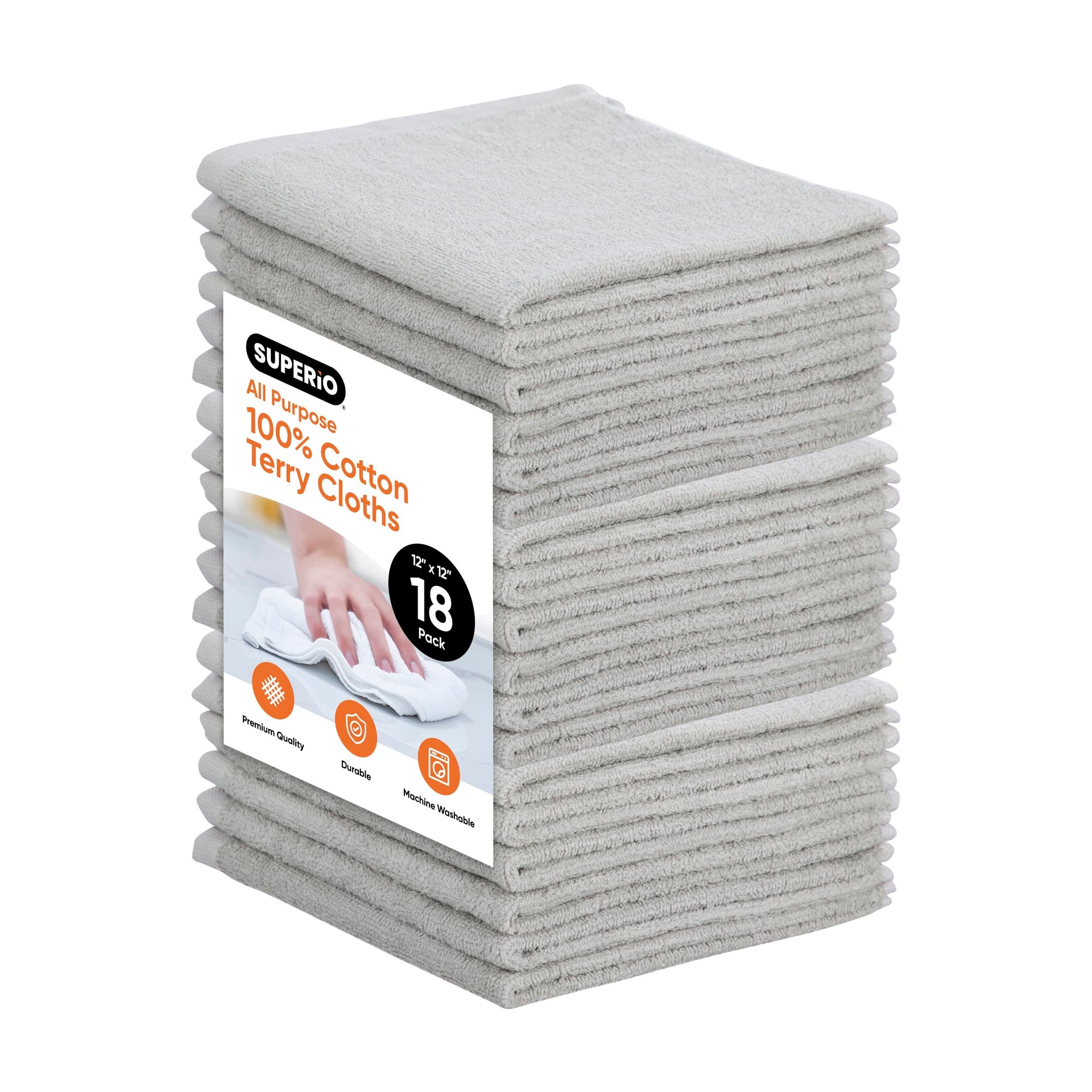Cotton Terry Washcloths Grey Towels 100% Cotton Cleaning Cloth Rags Wash Clothes for Body and Face (18 Count)