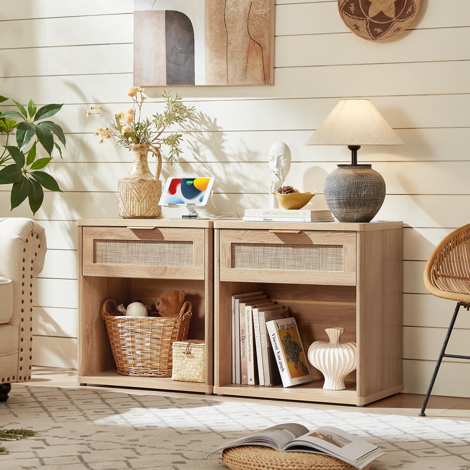 Rattan Nightstands Set of 2 with Charging Station (2 Count)