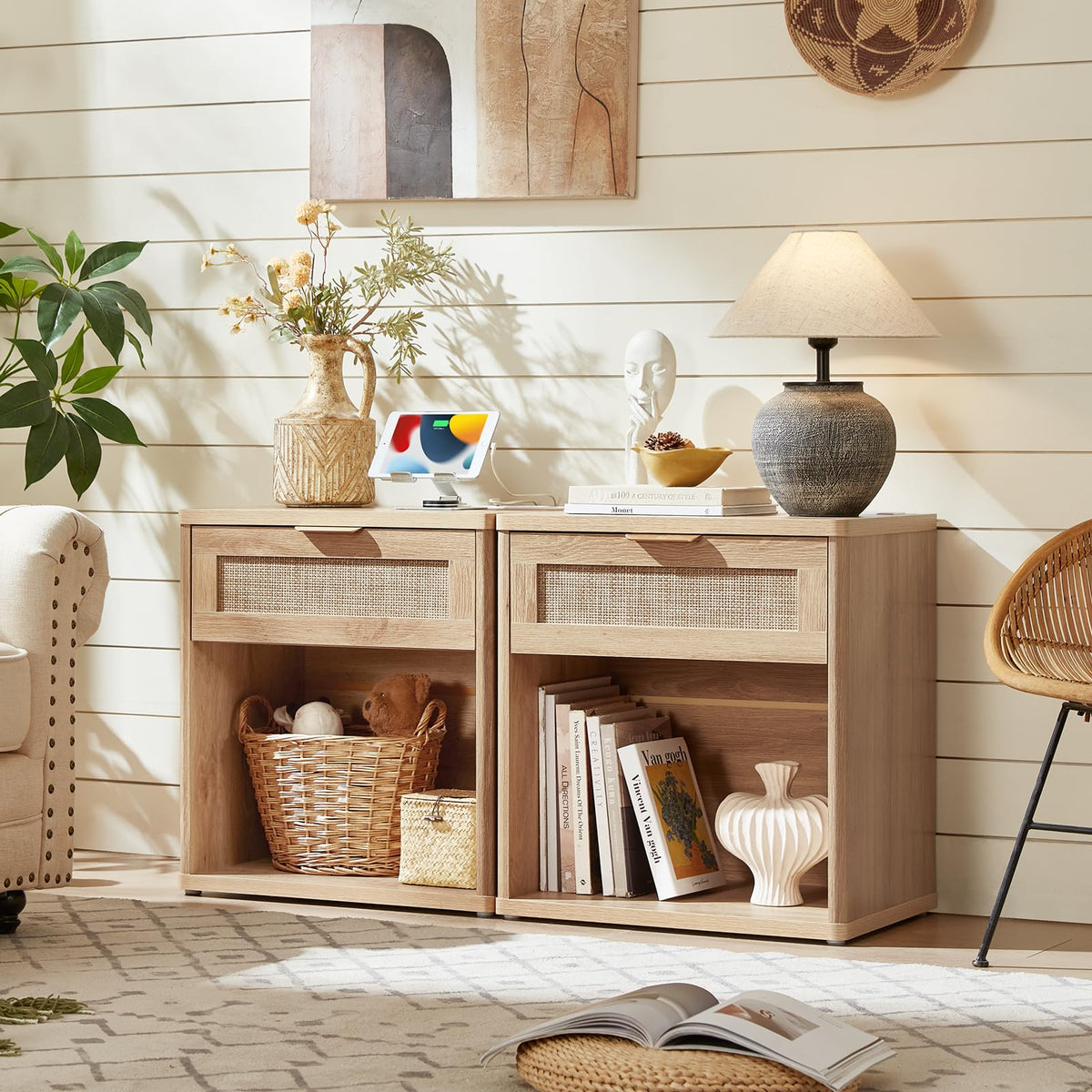 Rattan Nightstand with Charging Station
