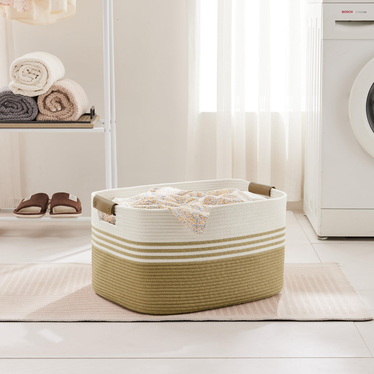 60L Woven Laundry Basket Hamper with Leather Handles - ModHome Supplies