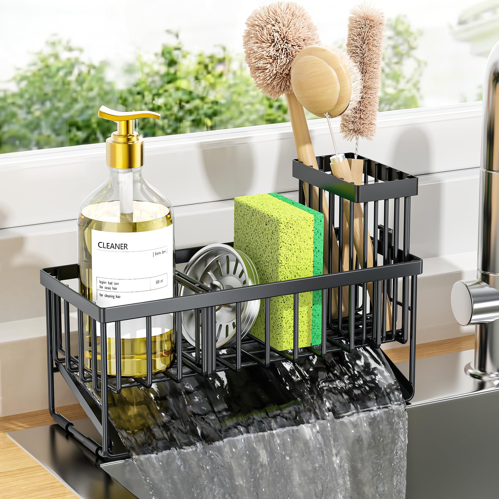 Sink Caddy Sponge Holder for Kitchen with Brush Holder and Stainless Steel Self Drain Tray