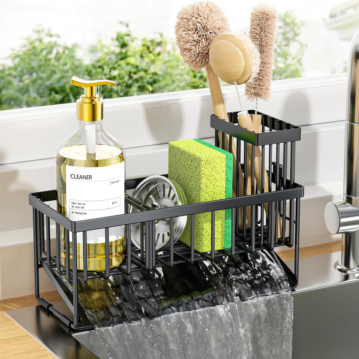 Sink Caddy Sponge Holder for Kitchen with Brush Holder and Stainless Steel Self Drain Tray