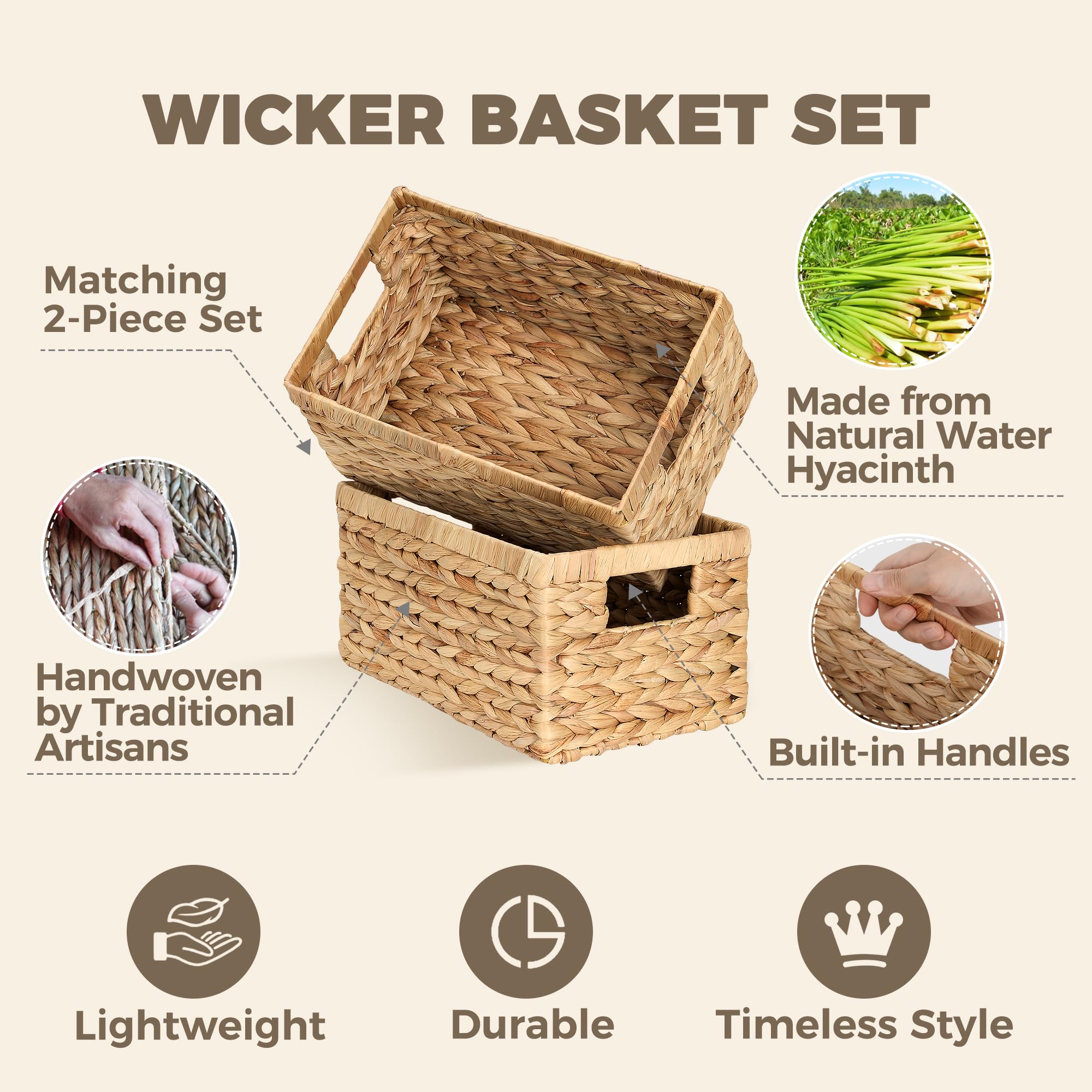 Set of 2 Wicker Shelf Storage Baskets for Organizing
