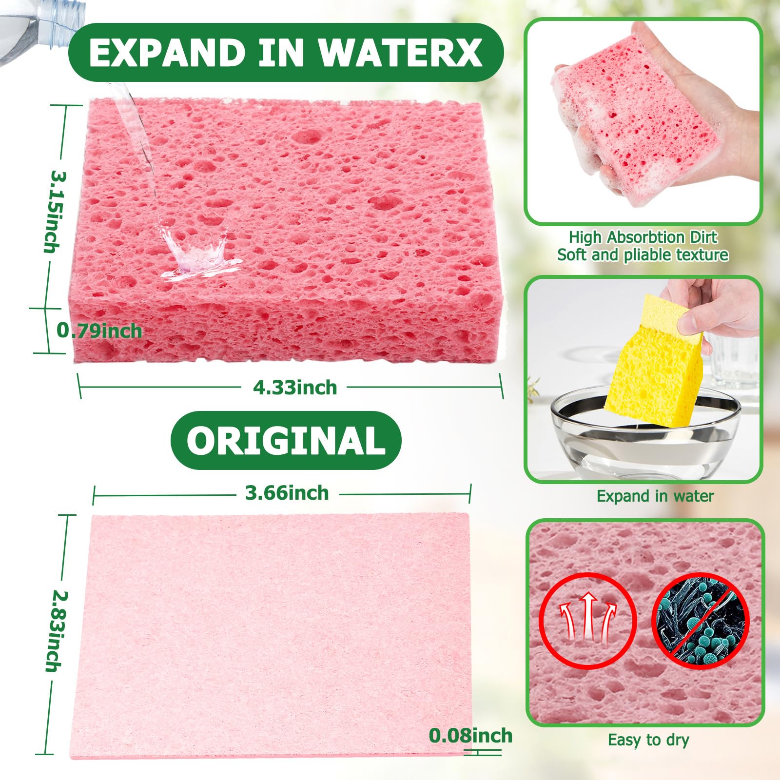 Compressed Natural Cellulose Sponges 24 Pack Regular Size Multicolor Soft Reusable Non (24 Count)
