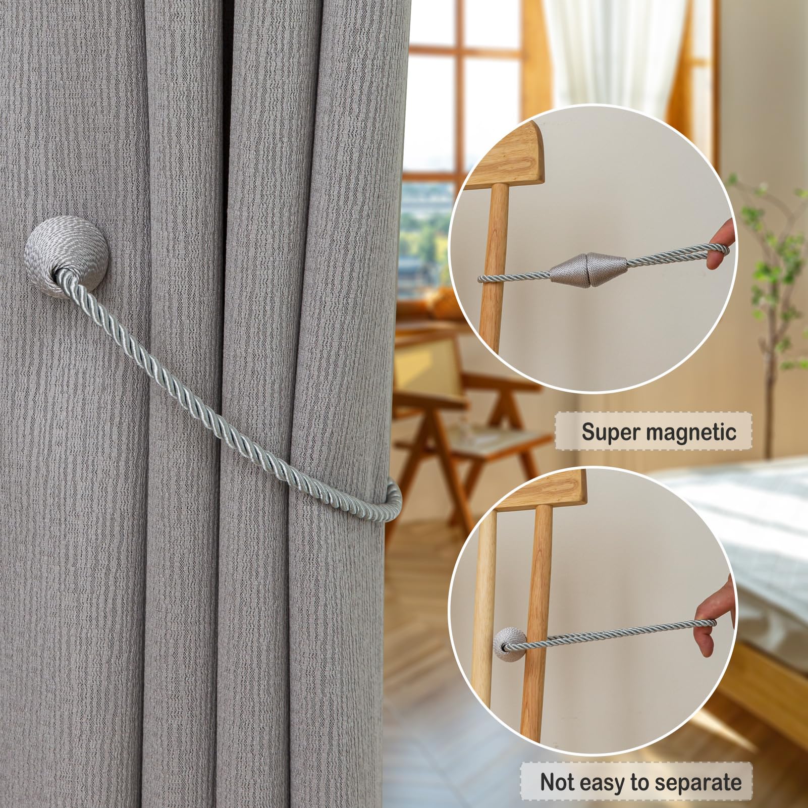 Magnetic Curtain Tiebacks 6 Pack Outdoor Rope Curtain Tie Backs Decorative Window Treatment Holdbacks for Home Decorative Curtain (6 Count)