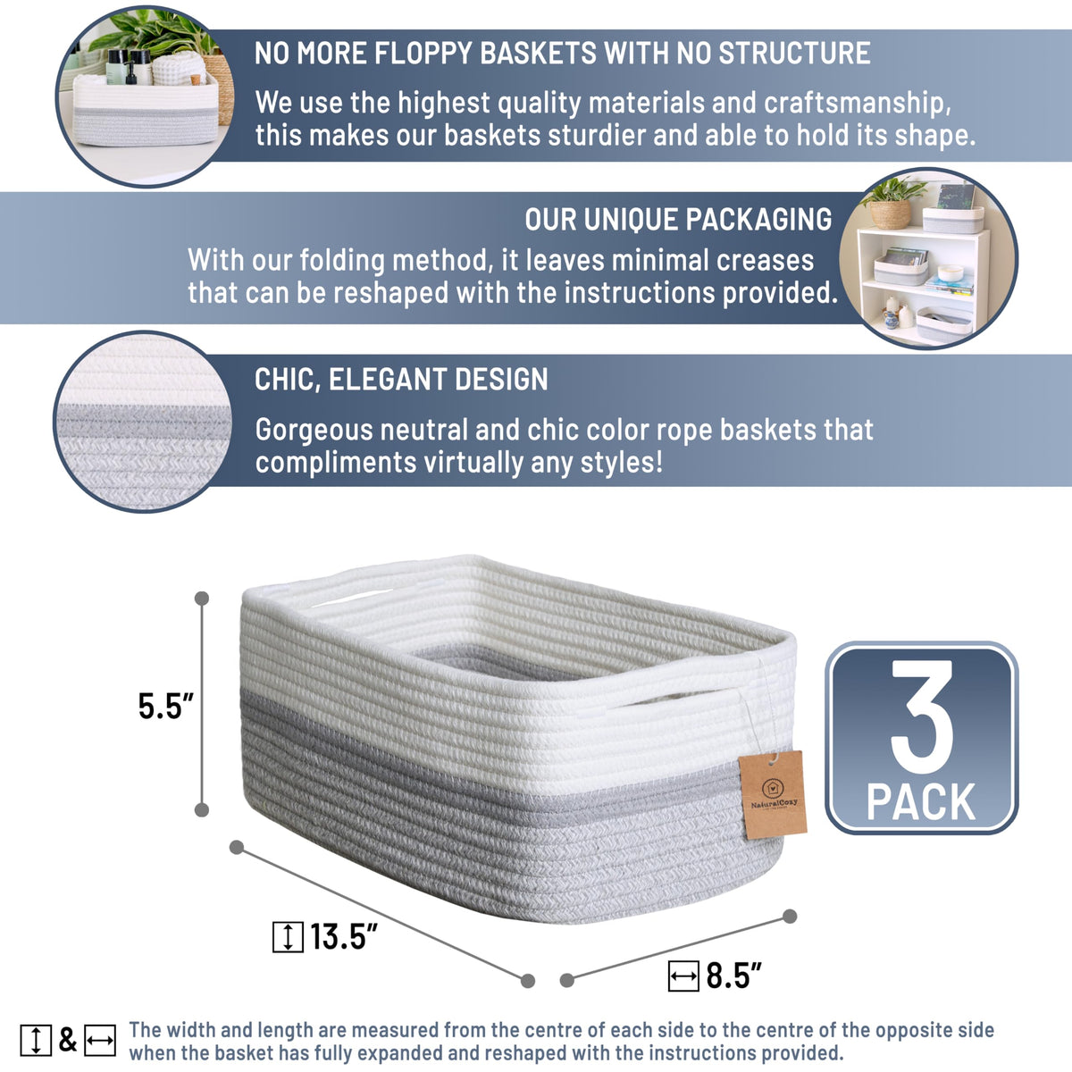 13.5”x8.5”x5.5” Storage Baskets for Shelves 3 Pack (3 Count)
